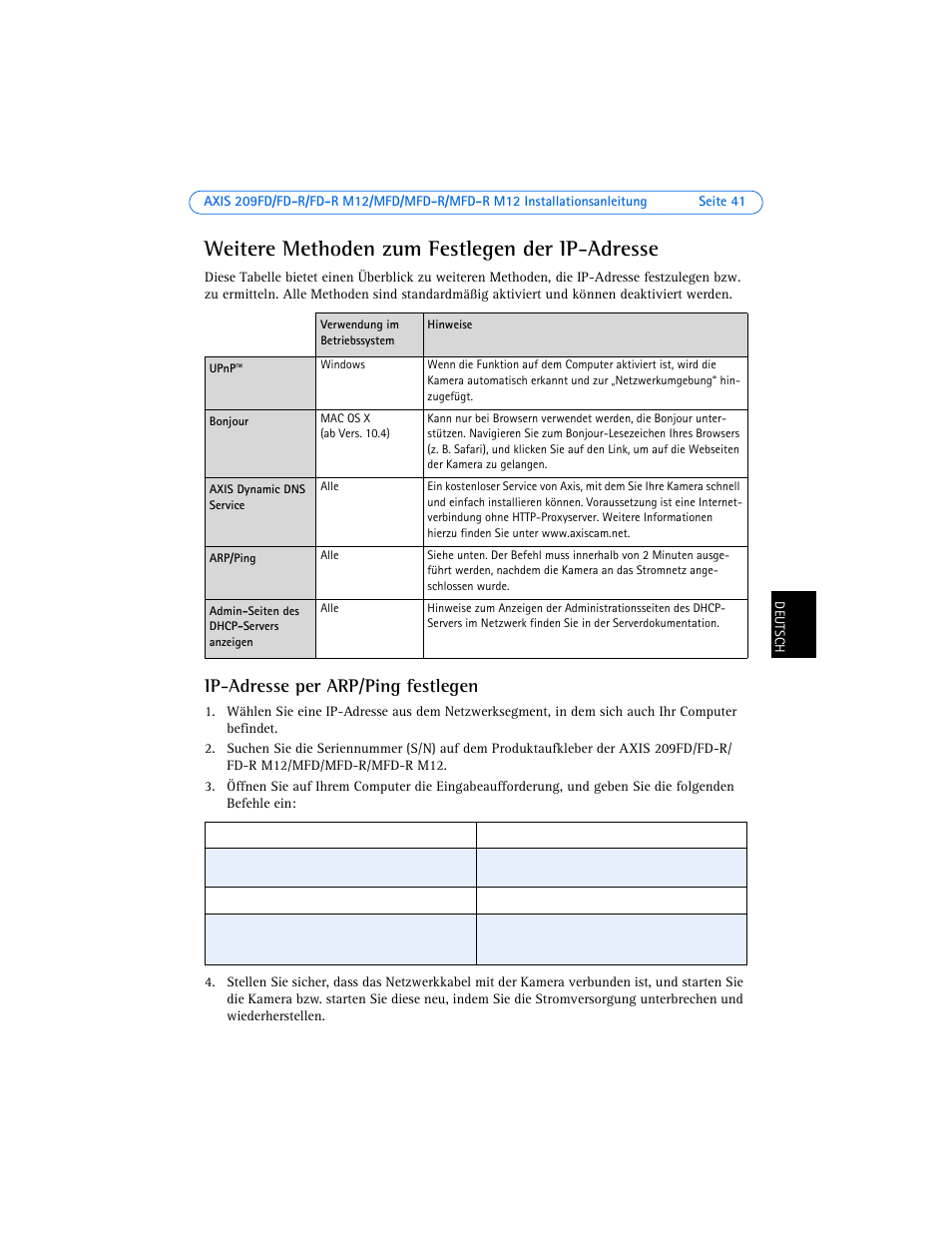 Weitere methoden zum festlegen der ip-adresse, Ip-adresse per arp/ping festlegen | Axis Communications AXIS 209FD-R User Manual | Page 41 / 73
