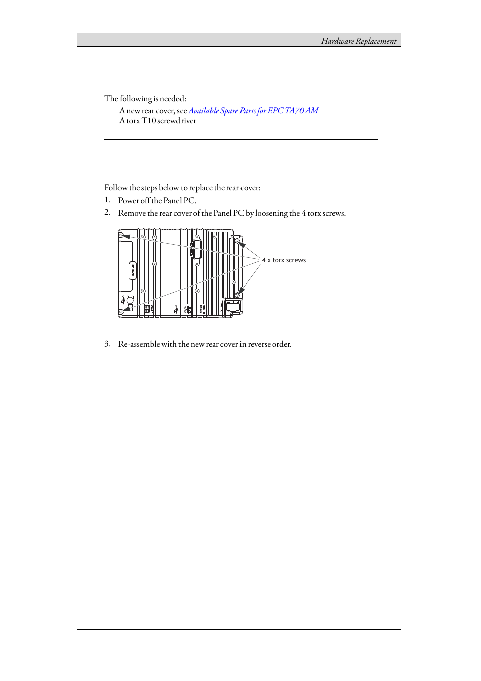 2 replacing the rear cover, Replacing the rear cover | Beijer Electronics EPC TA70 AM EN User Manual | Page 18 / 37