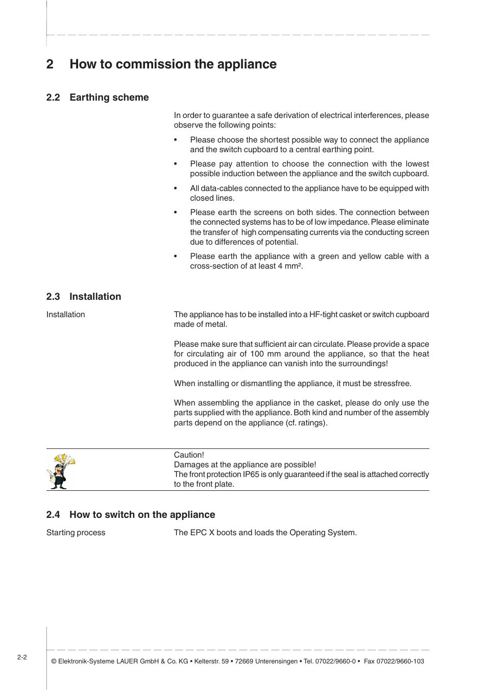 2 earthing scheme, 3 installation, 4 how to switch on the appliance | Earthing scheme -2, Installation -2, How to switch on the appliance -2, 2how to commission the appliance | Beijer Electronics EPC X EN User Manual | Page 12 / 28