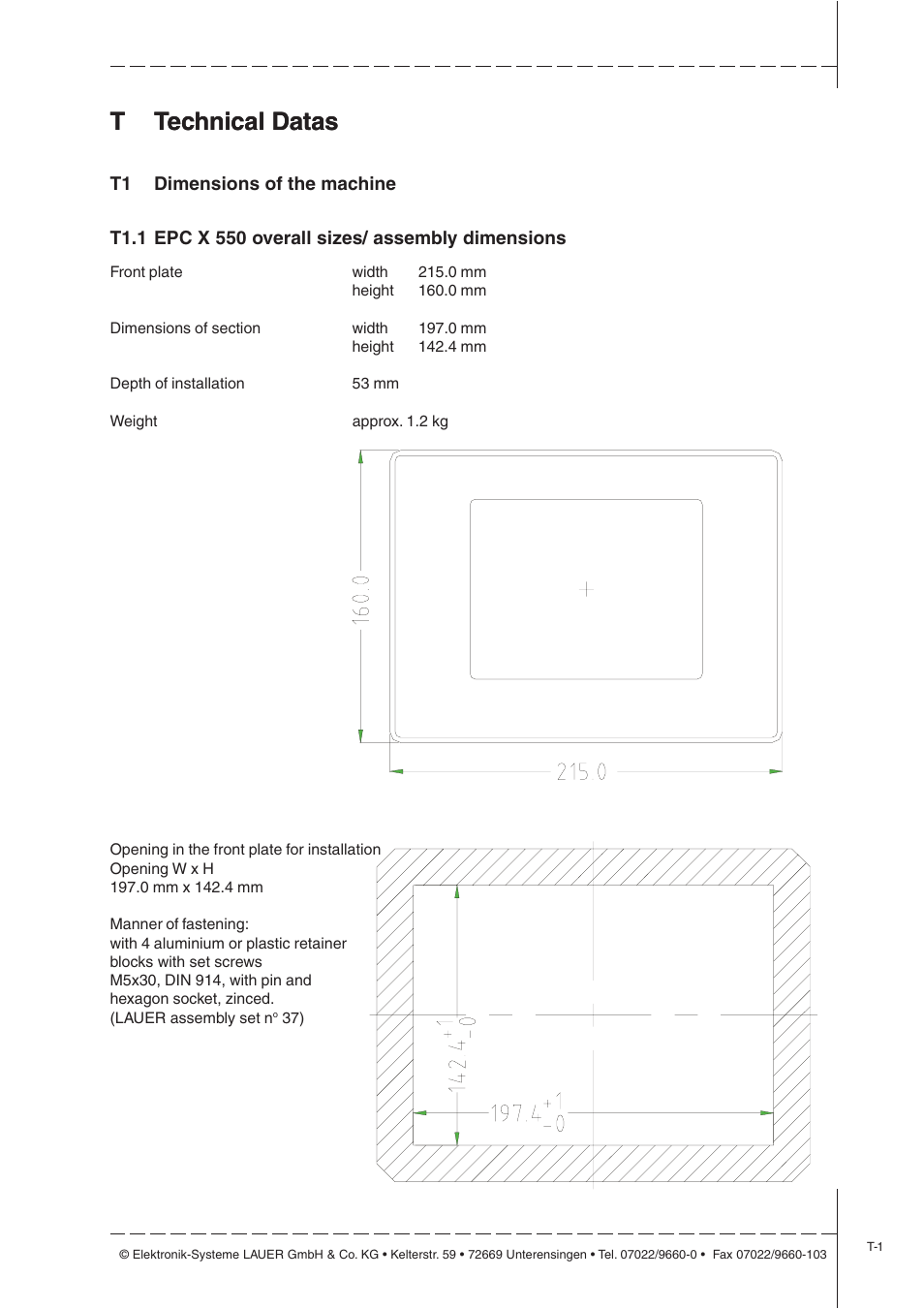 T technical datas, T1 dimensions of the machine, T1.1 epc x 550 overall sizes/ assembly dimensions | Technical datas, Ttechnical datas | Beijer Electronics EPC X EN User Manual | Page 13 / 28
