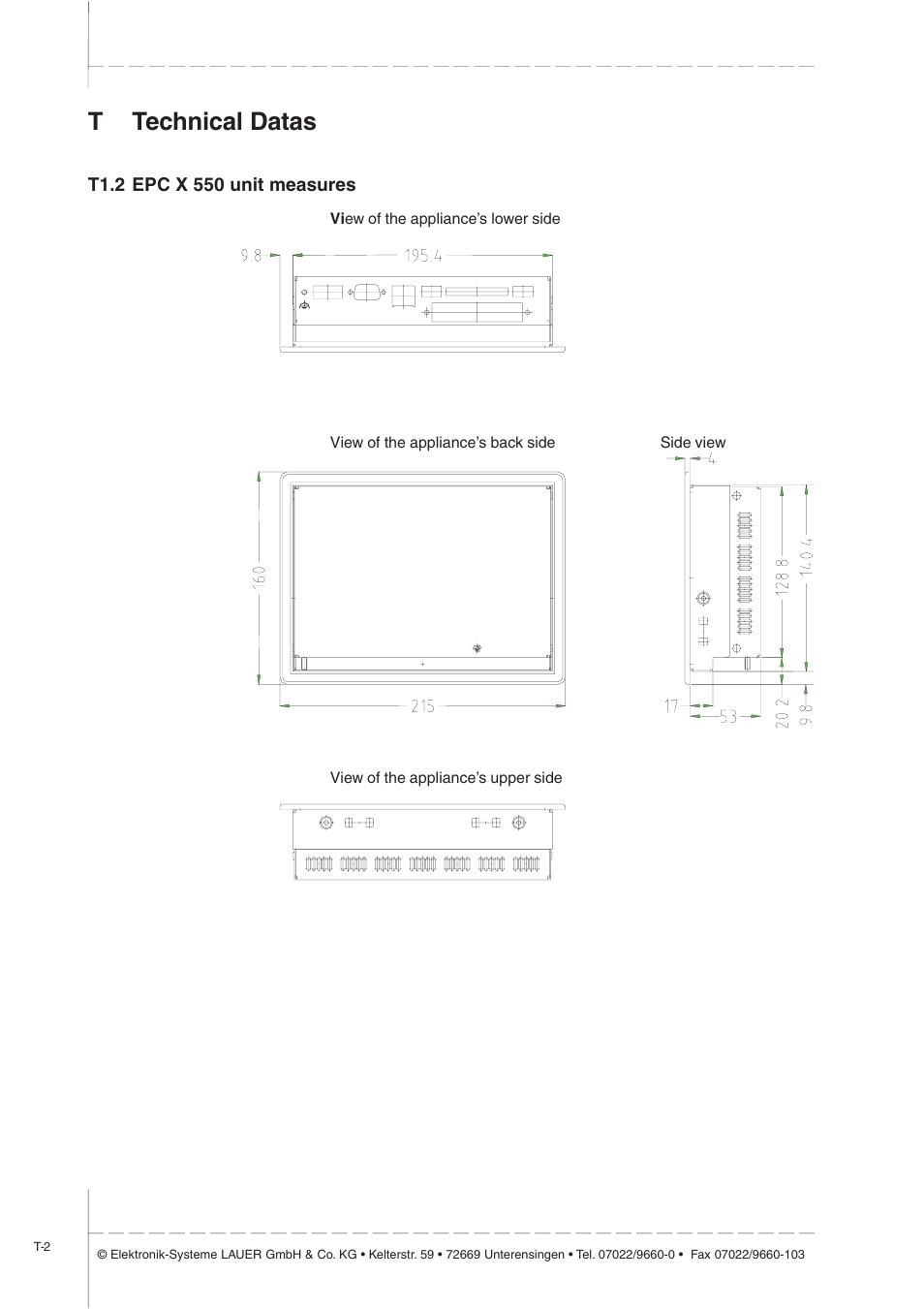 T1.2 epc x 550 unit measures, Ttechnical datas | Beijer Electronics EPC X EN User Manual | Page 14 / 28