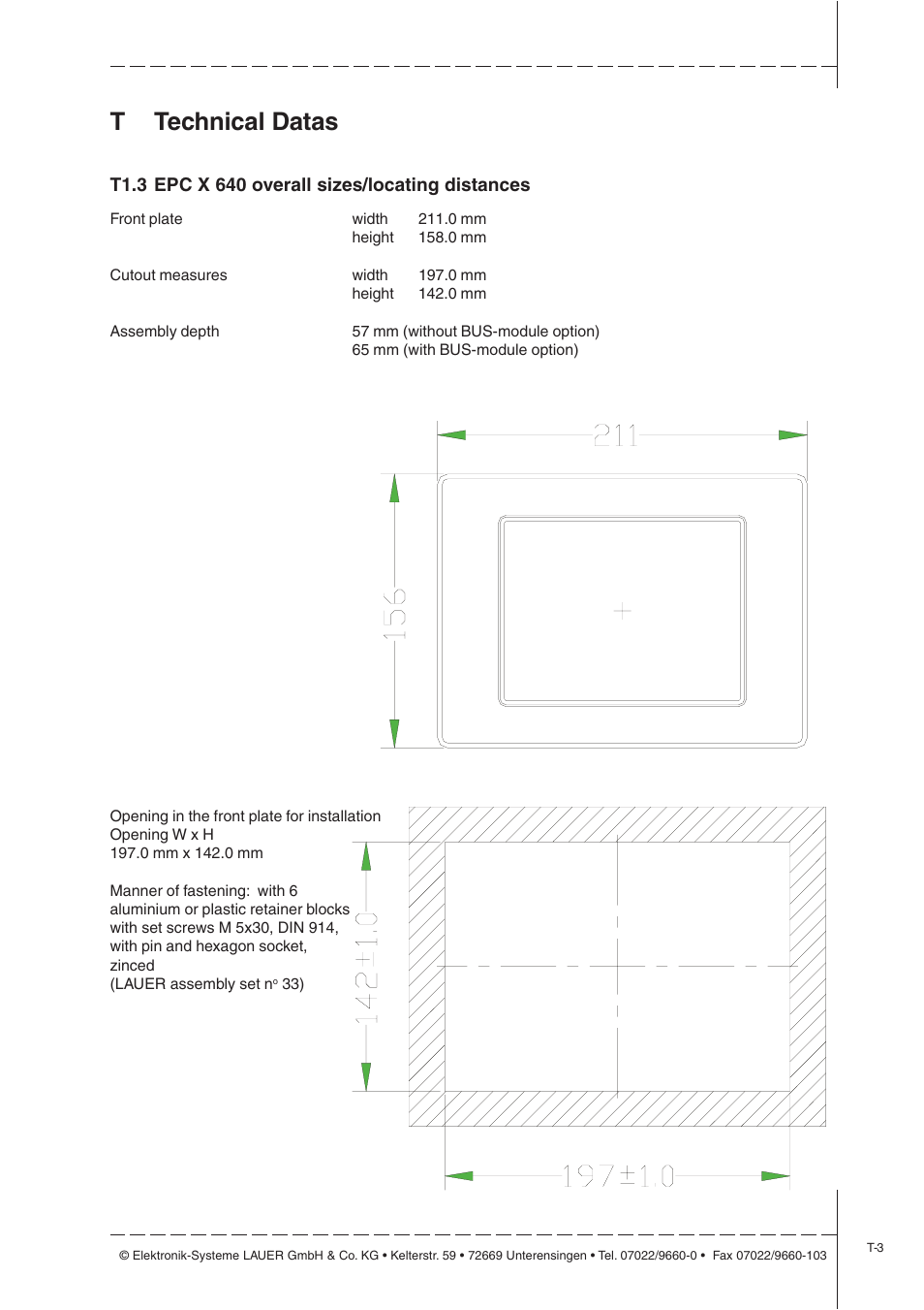 T1.3 epc x 640 overall sizes/locating distances, Ttechnical datas | Beijer Electronics EPC X EN User Manual | Page 15 / 28