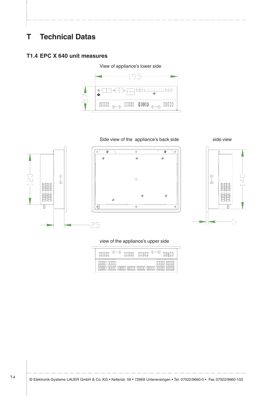 T1.4 epc x 640 unit measures, Ttechnical datas | Beijer Electronics EPC X EN User Manual | Page 16 / 28