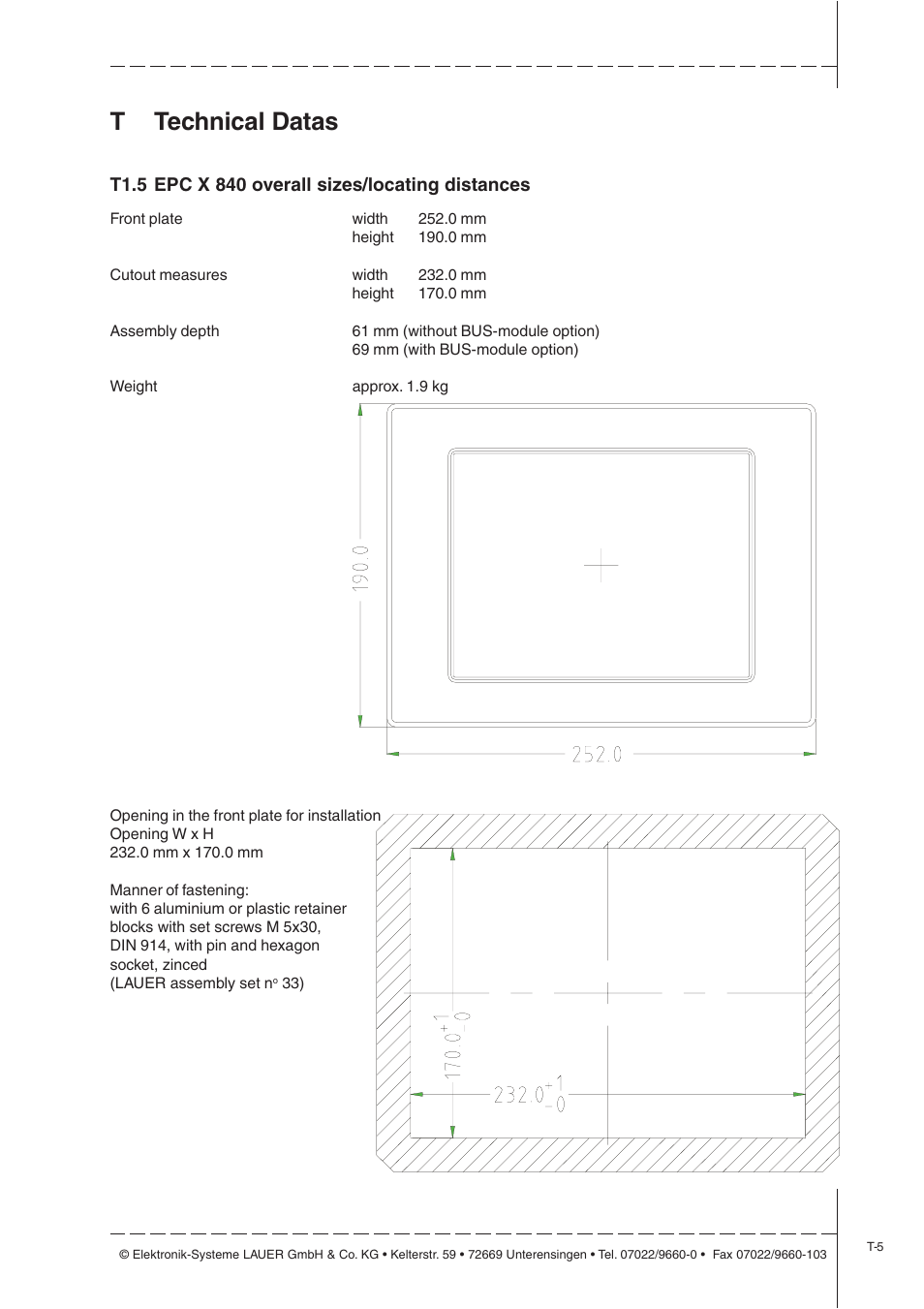 T1.5 epc x 840 overall sizes/locating distances, Ttechnical datas | Beijer Electronics EPC X EN User Manual | Page 17 / 28