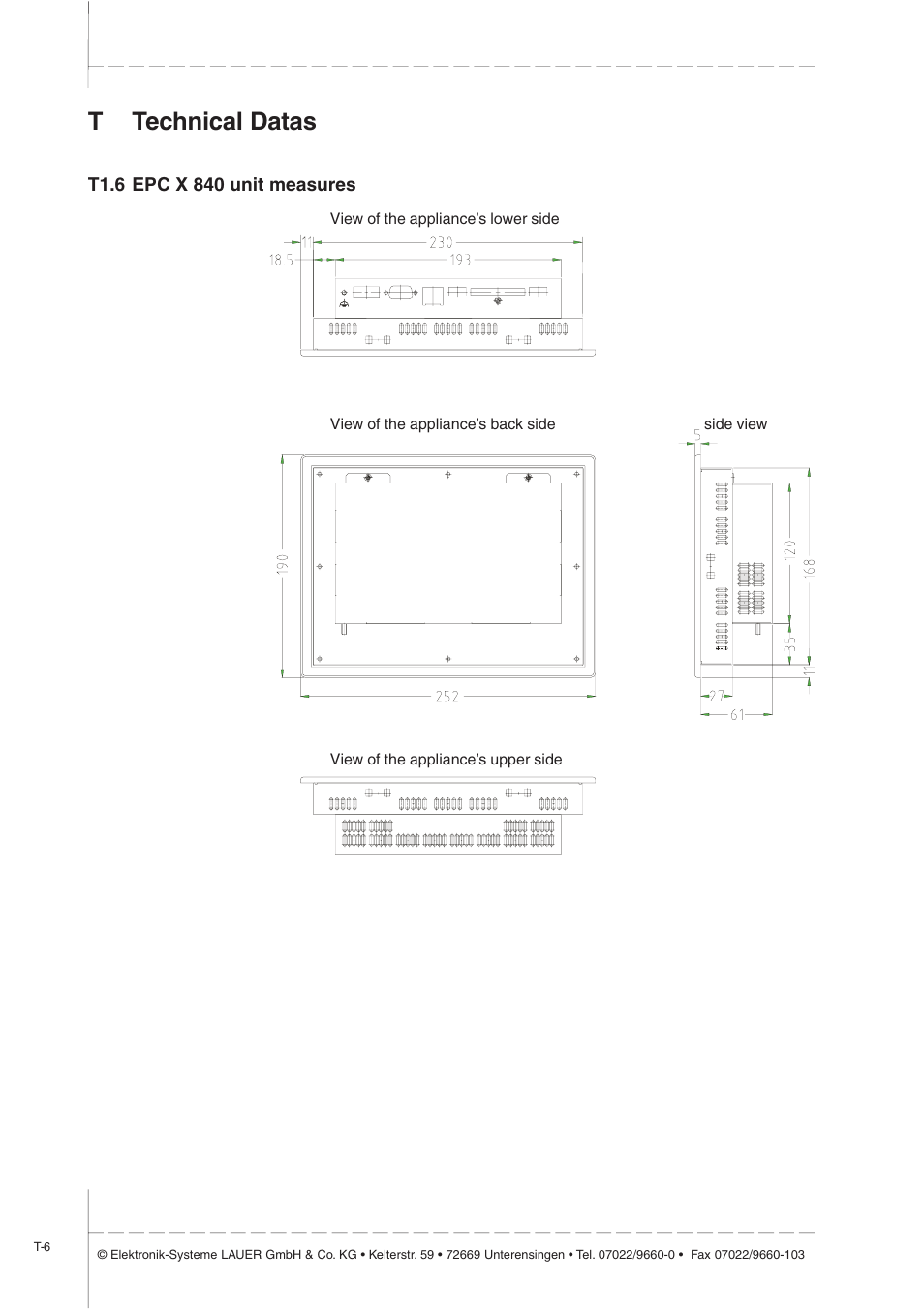 T1.6 epc x 840 unit measures, Ttechnical datas | Beijer Electronics EPC X EN User Manual | Page 18 / 28