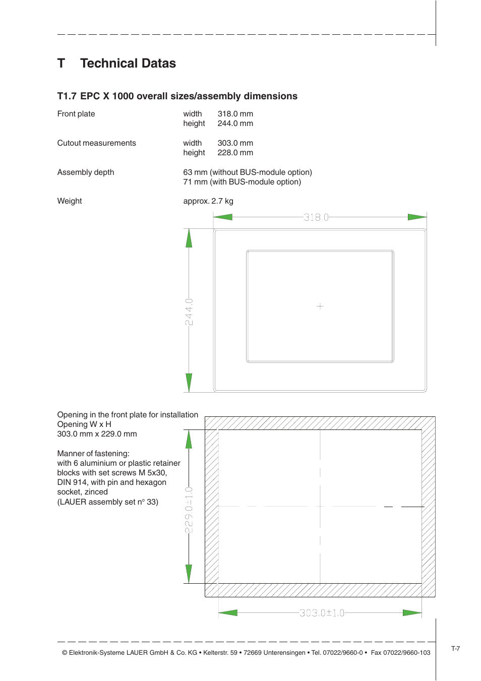 T1.7 epc x 1000 overall sizes/assembly dimensions, Ttechnical datas | Beijer Electronics EPC X EN User Manual | Page 19 / 28