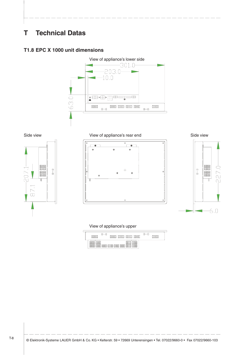 T1.8 epc x 1000 unit dimensions, Ttechnical datas | Beijer Electronics EPC X EN User Manual | Page 20 / 28