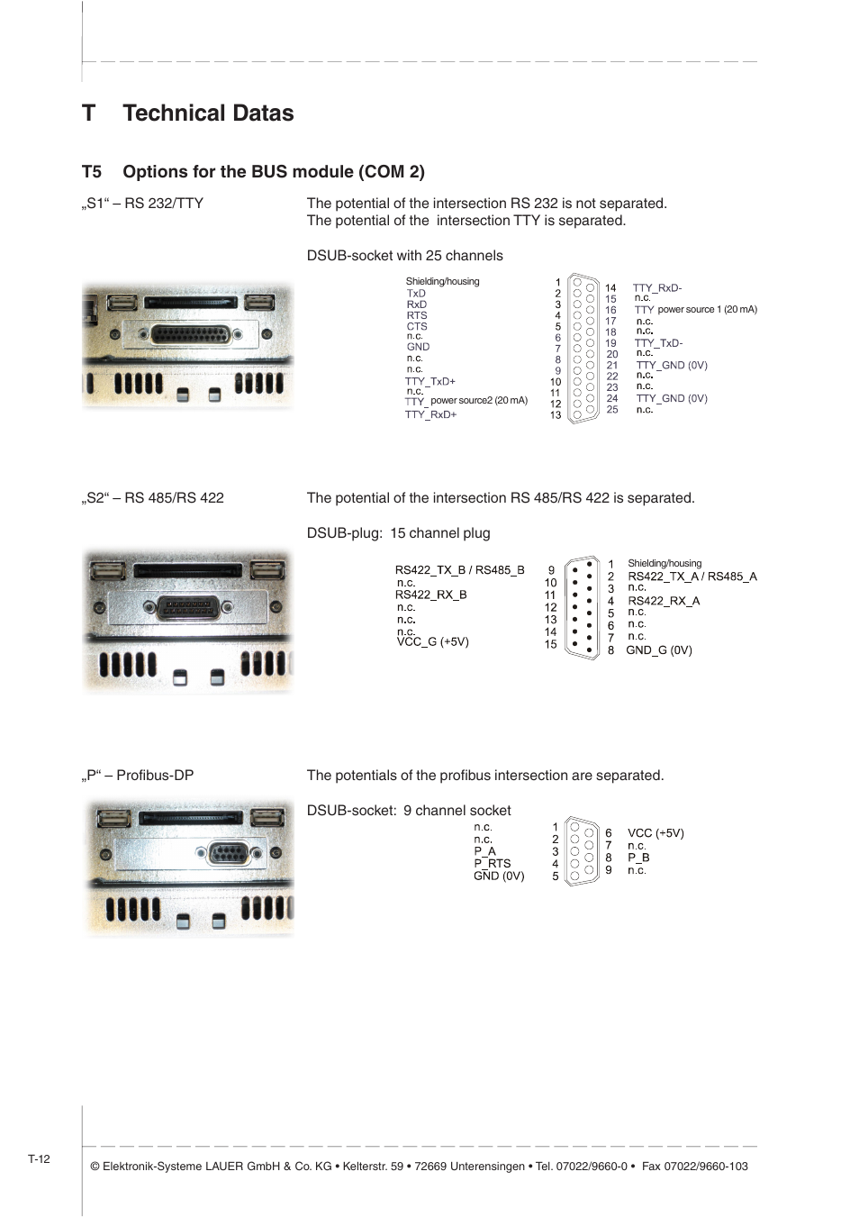T5 options for the bus module (com 2), Ttechnical datas | Beijer Electronics EPC X EN User Manual | Page 24 / 28