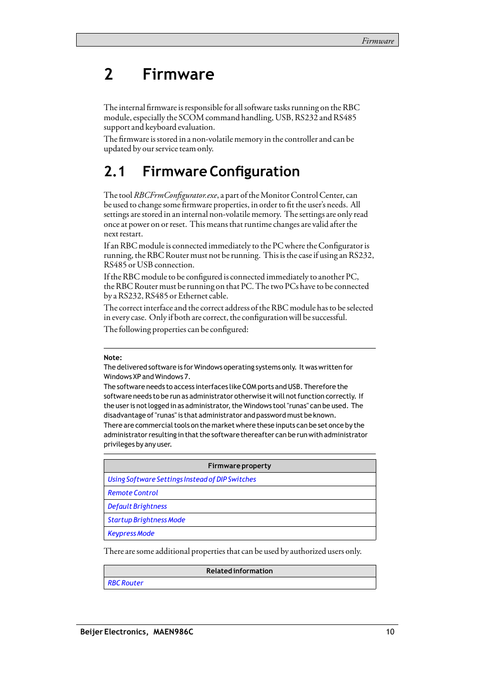 2 firmware, 1 firmware configuration, Firmware conﬁguration | 2firmware | Beijer Electronics RBC EN User Manual | Page 10 / 25