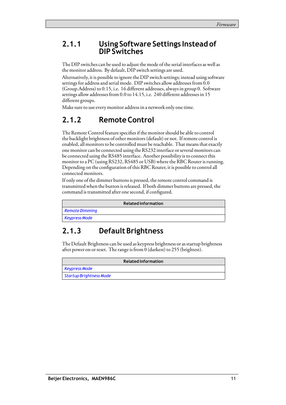1 using software settings instead of dip switches, 2 remote control, 3 default brightness | Using software settings instead of dip switches, Remote control, Default brightness | Beijer Electronics RBC EN User Manual | Page 11 / 25