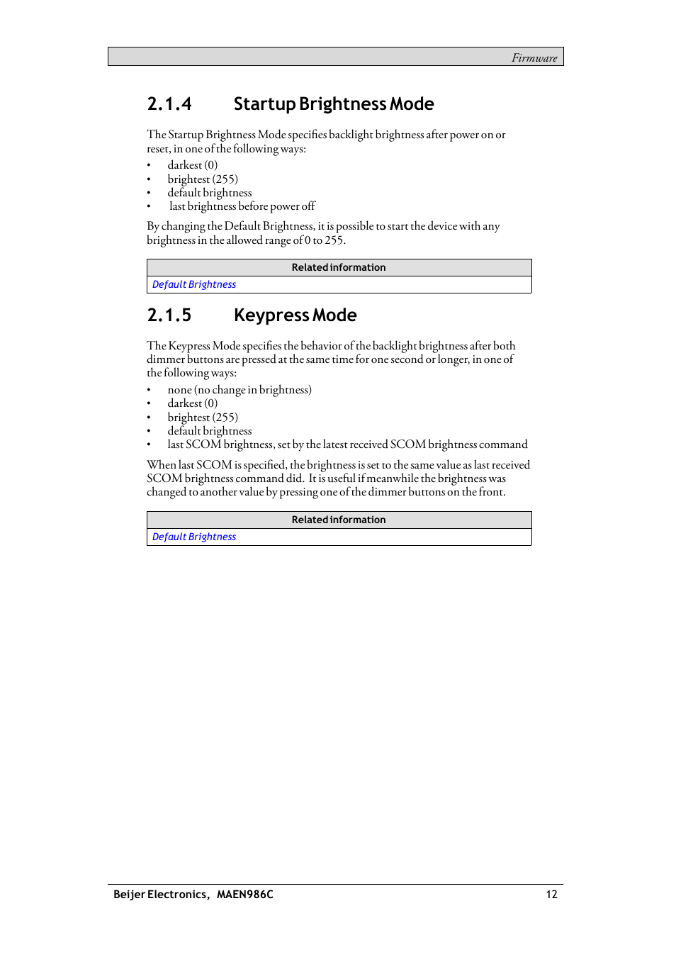 4 startup brightness mode, 5 keypress mode, Startup brightness mode | Keypress mode | Beijer Electronics RBC EN User Manual | Page 12 / 25