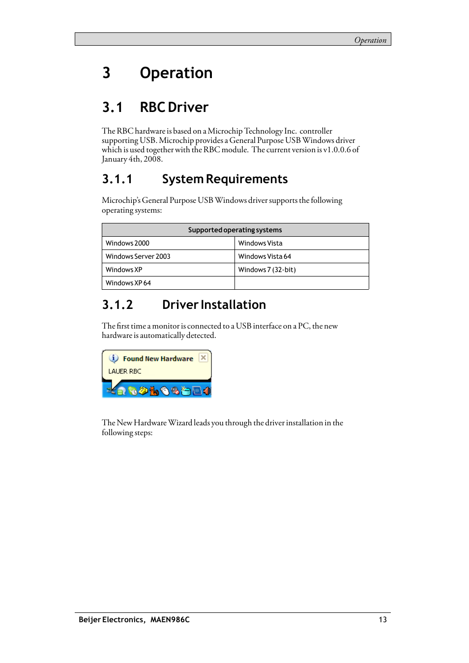 3 operation, 1 rbc driver, 1 system requirements | 2 driver installation, Rbc driver, System requirements, Driver installation, 3operation | Beijer Electronics RBC EN User Manual | Page 13 / 25