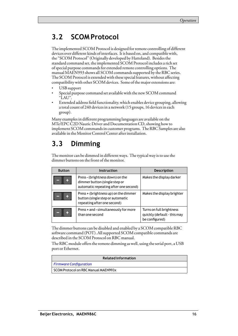 2 scom protocol, 3 dimming, Scom protocol | Dimming | Beijer Electronics RBC EN User Manual | Page 16 / 25