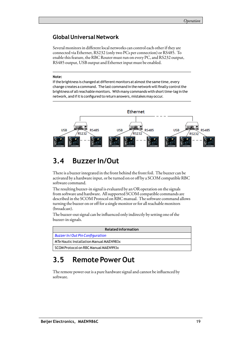 4 buzzer in/out, 5 remote power out, Buzzer in/out | Remote power out, Global universal network | Beijer Electronics RBC EN User Manual | Page 19 / 25