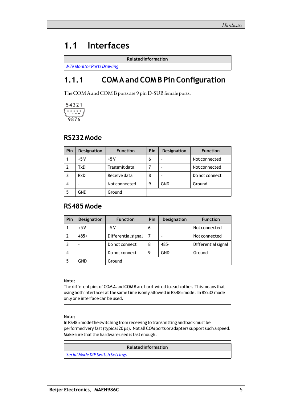 1 interfaces, 1 com a and com b pin configuration, Interfaces | Com a and com b pin conﬁguration, Com a and com b pin configuration, Rs232 mode, Rs485 mode | Beijer Electronics RBC EN User Manual | Page 5 / 25