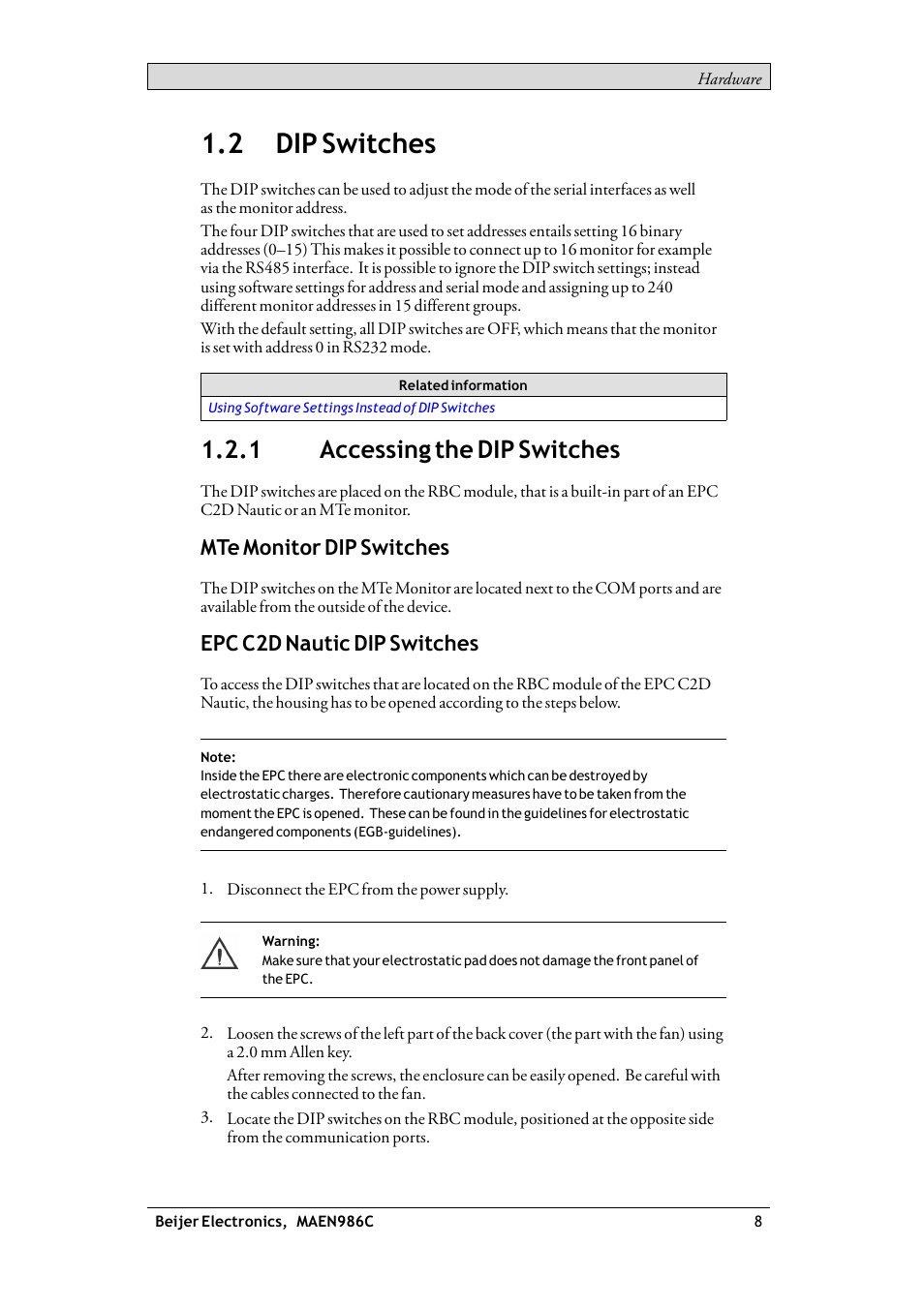 2 dip switches, 1 accessing the dip switches, Dip switches | Accessing the dip switches, Dip switches accessing the dip switches, Mte monitor dip switches, Epc c2d nautic dip switches | Beijer Electronics RBC EN User Manual | Page 8 / 25