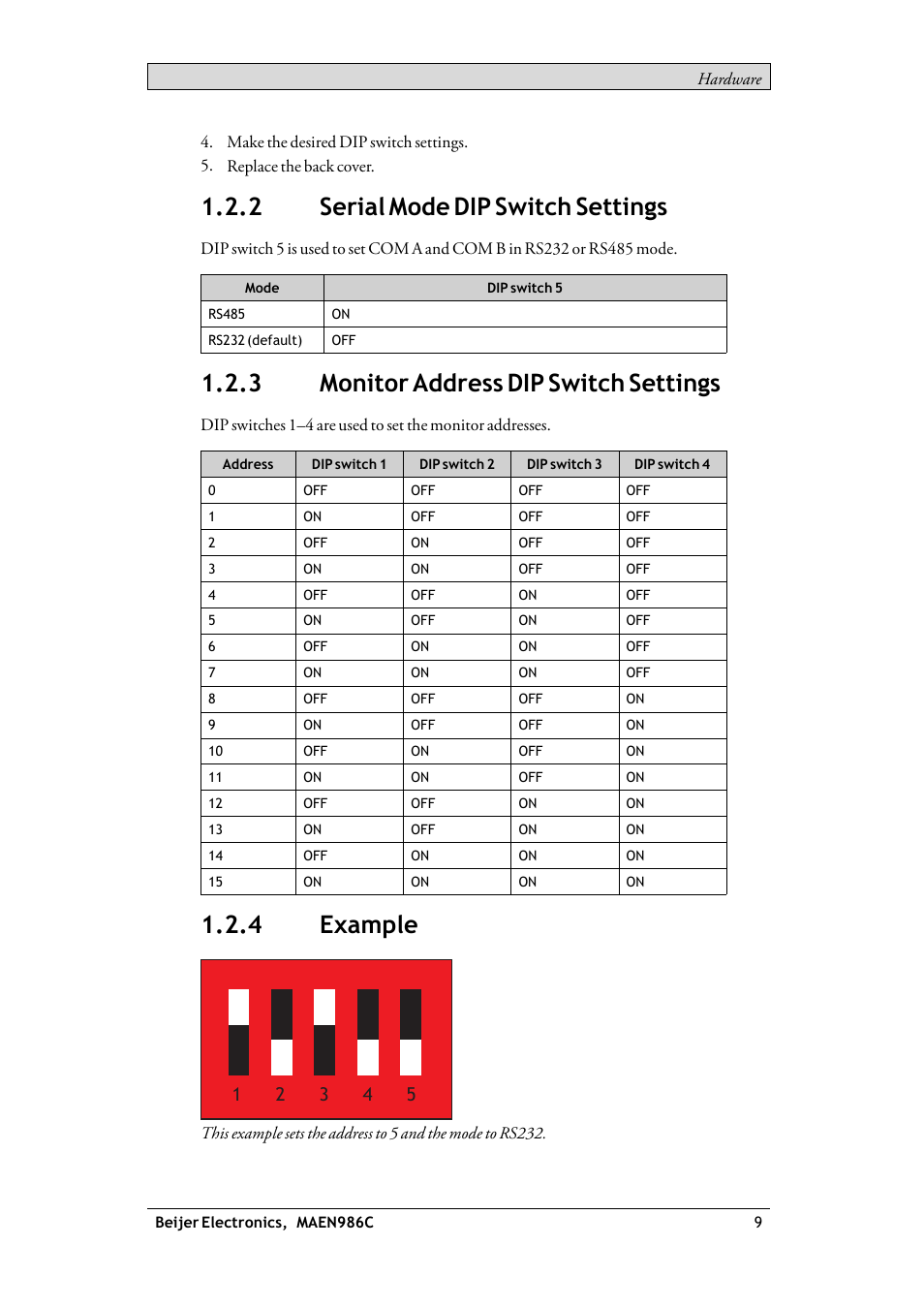 2 serial mode dip switch settings, 3 monitor address dip switch settings, 4 example | Serial mode dip switch settings, Monitor address dip switch settings, Example | Beijer Electronics RBC EN User Manual | Page 9 / 25