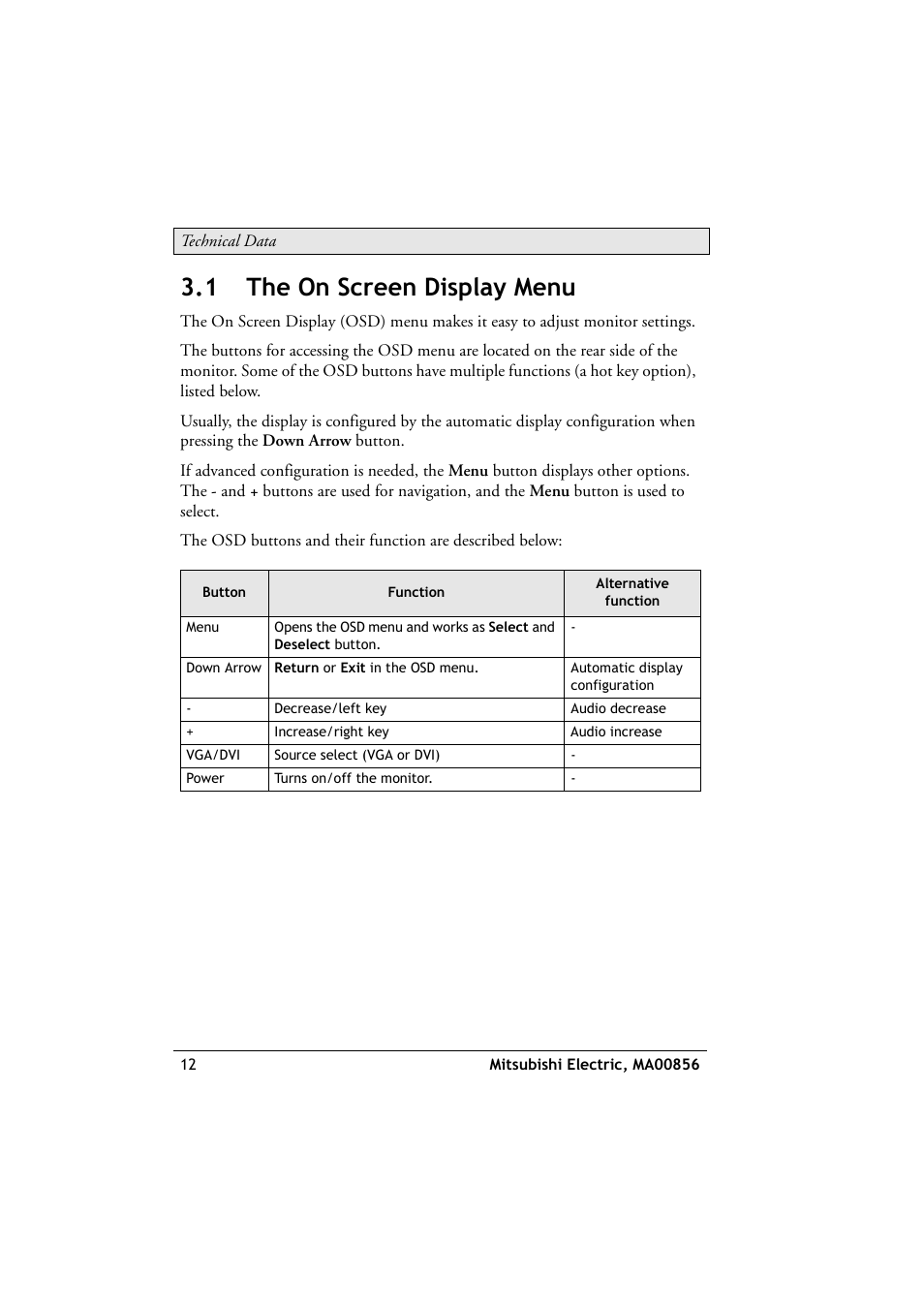 1 the on screen display menu, The on screen display menu | Beijer Electronics DT1151 EN User Manual | Page 12 / 24