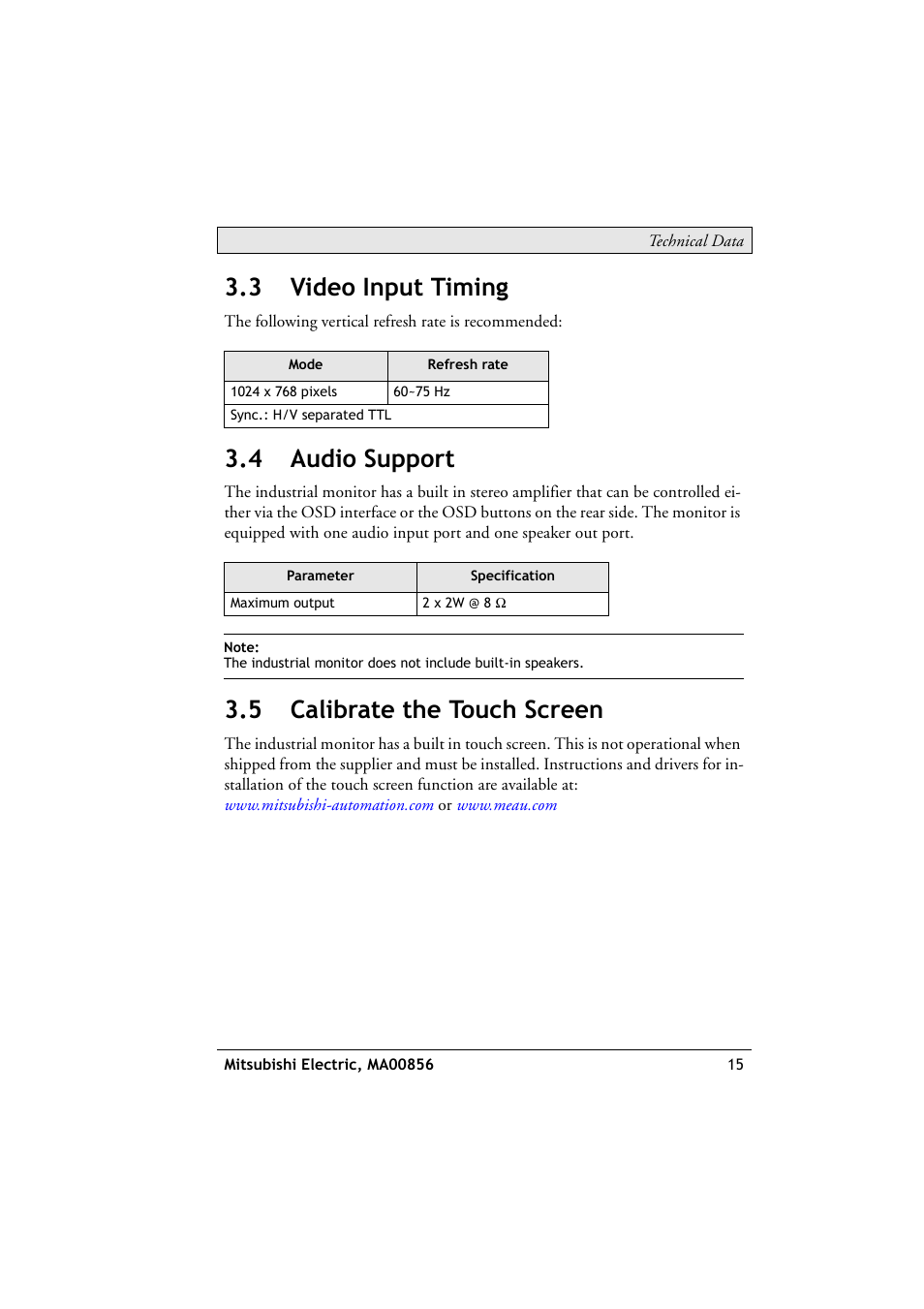 3 video input timing, 4 audio support, 5 calibrate the touch screen | Video input timing, Audio support, Calibrate the touch screen | Beijer Electronics DT1151 EN User Manual | Page 15 / 24