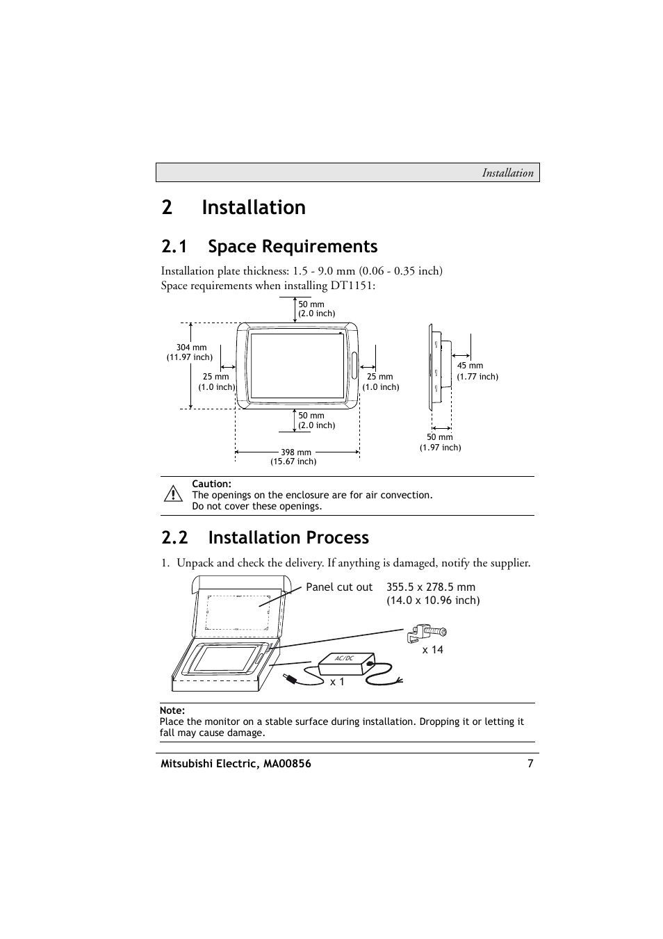 2 installation, 1 space requirements, 2 installation process | Space requirements, Installation process, 2installation | Beijer Electronics DT1151 EN User Manual | Page 7 / 24