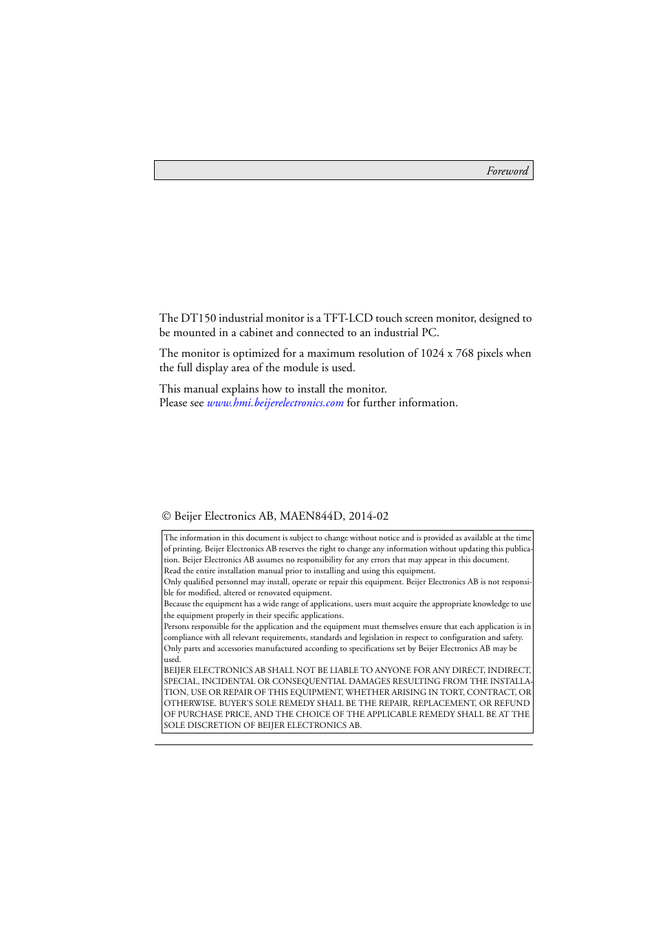 Foreword | Beijer Electronics DT150 EN User Manual | Page 2 / 24