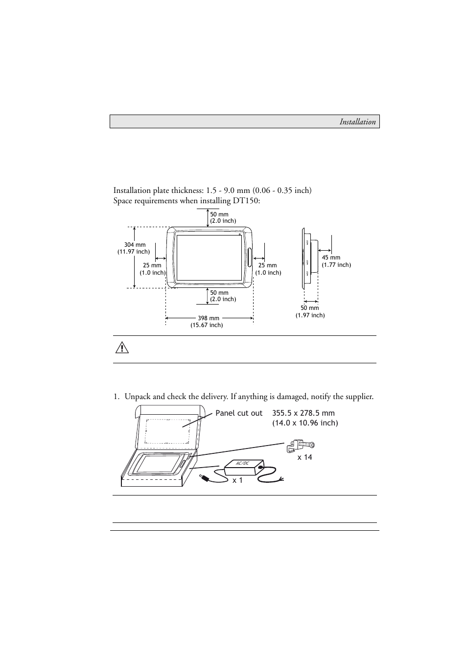 2 installation, 1 space requirements, 2 installation process | Space requirements, Installation process, 2installation | Beijer Electronics DT150 EN User Manual | Page 8 / 24