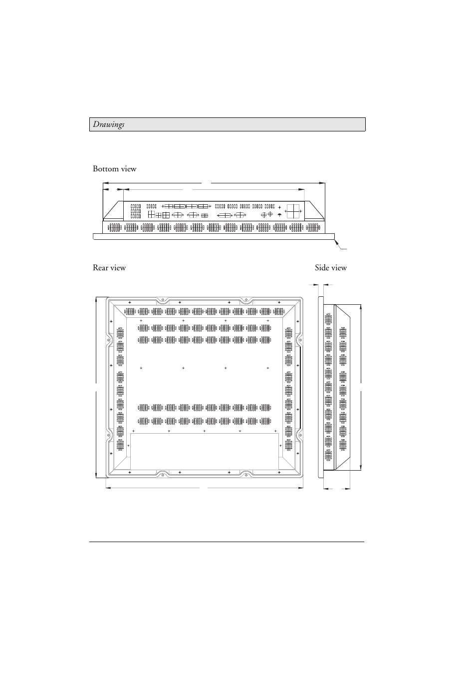 4 outline drawings, Outline drawings, Drawings | Bottom view rear view side view | Beijer Electronics MT 230 Nautic Monitor EN User Manual | Page 48 / 49