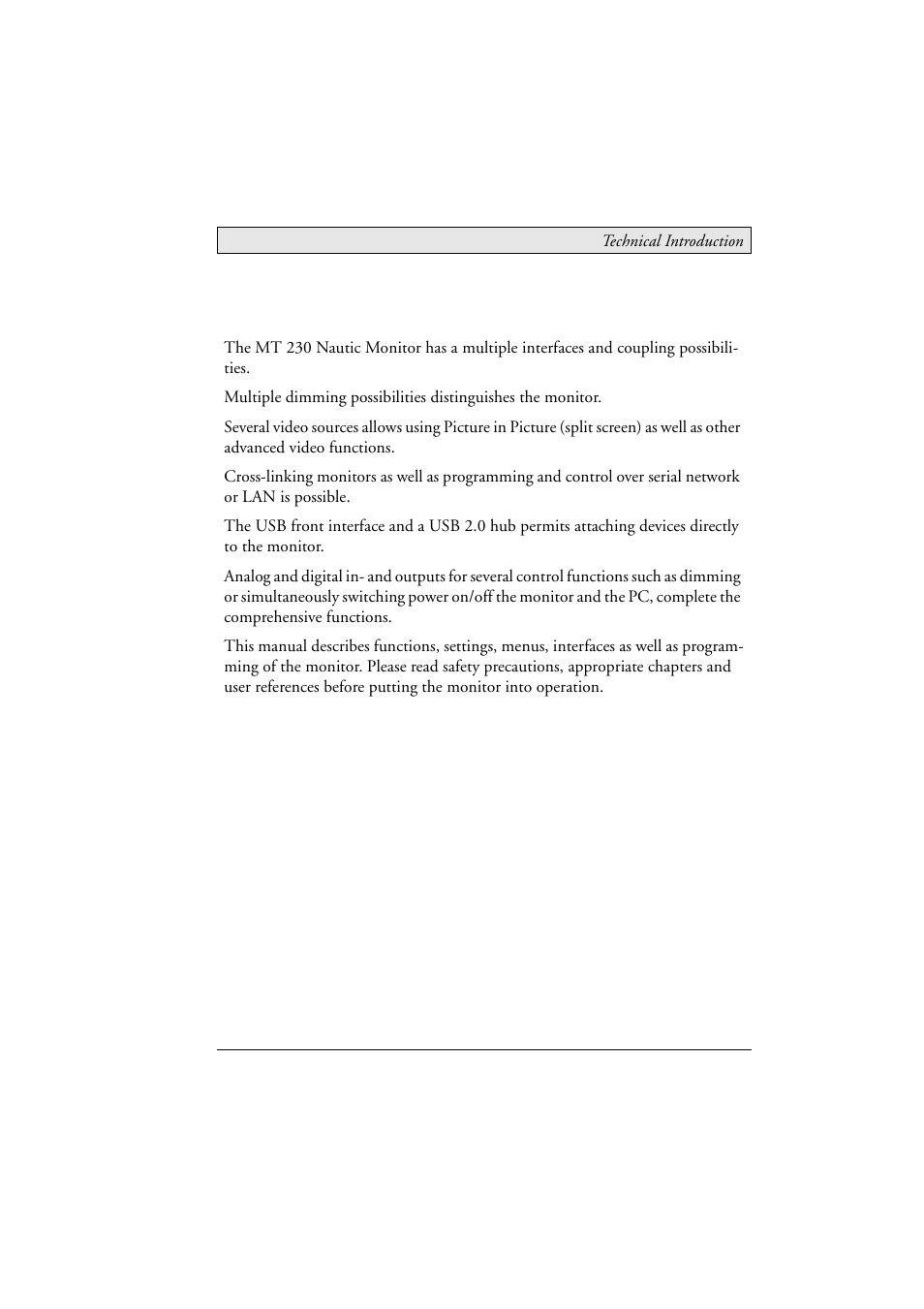 2 technical introduction, 2technical introduction | Beijer Electronics MT 230 Nautic Monitor EN User Manual | Page 9 / 49