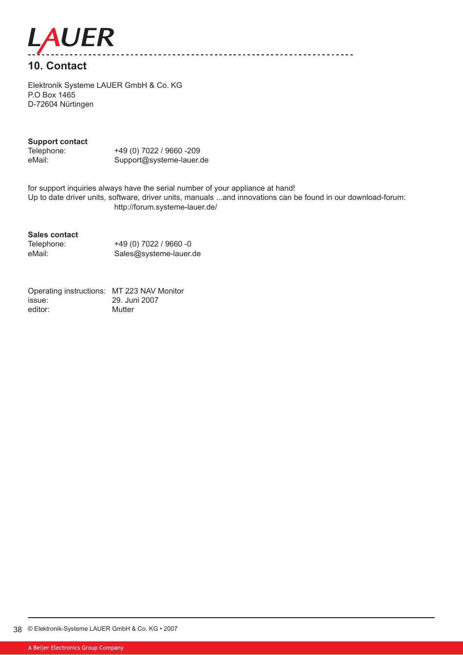 Contact | Beijer Electronics MT 223 EN User Manual | Page 38 / 38