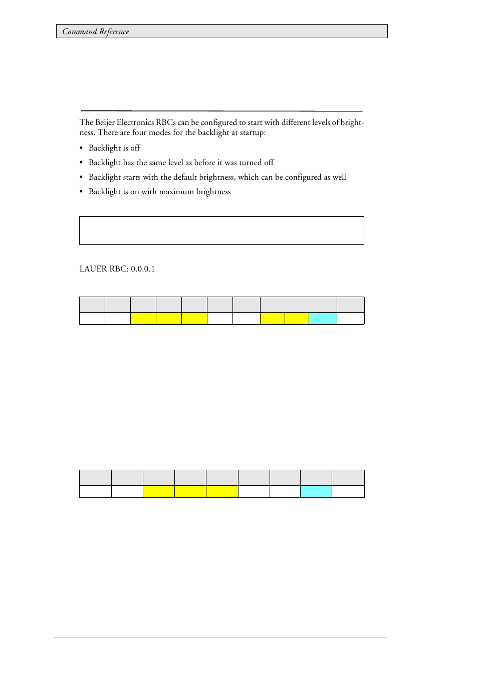 18 lau_config_setstartupbrightness mode (0x01a4), Lau_config_setstartupbrightness mode (0x01a4) 46 | Beijer Electronics SCOM  RBC EN User Manual | Page 46 / 64