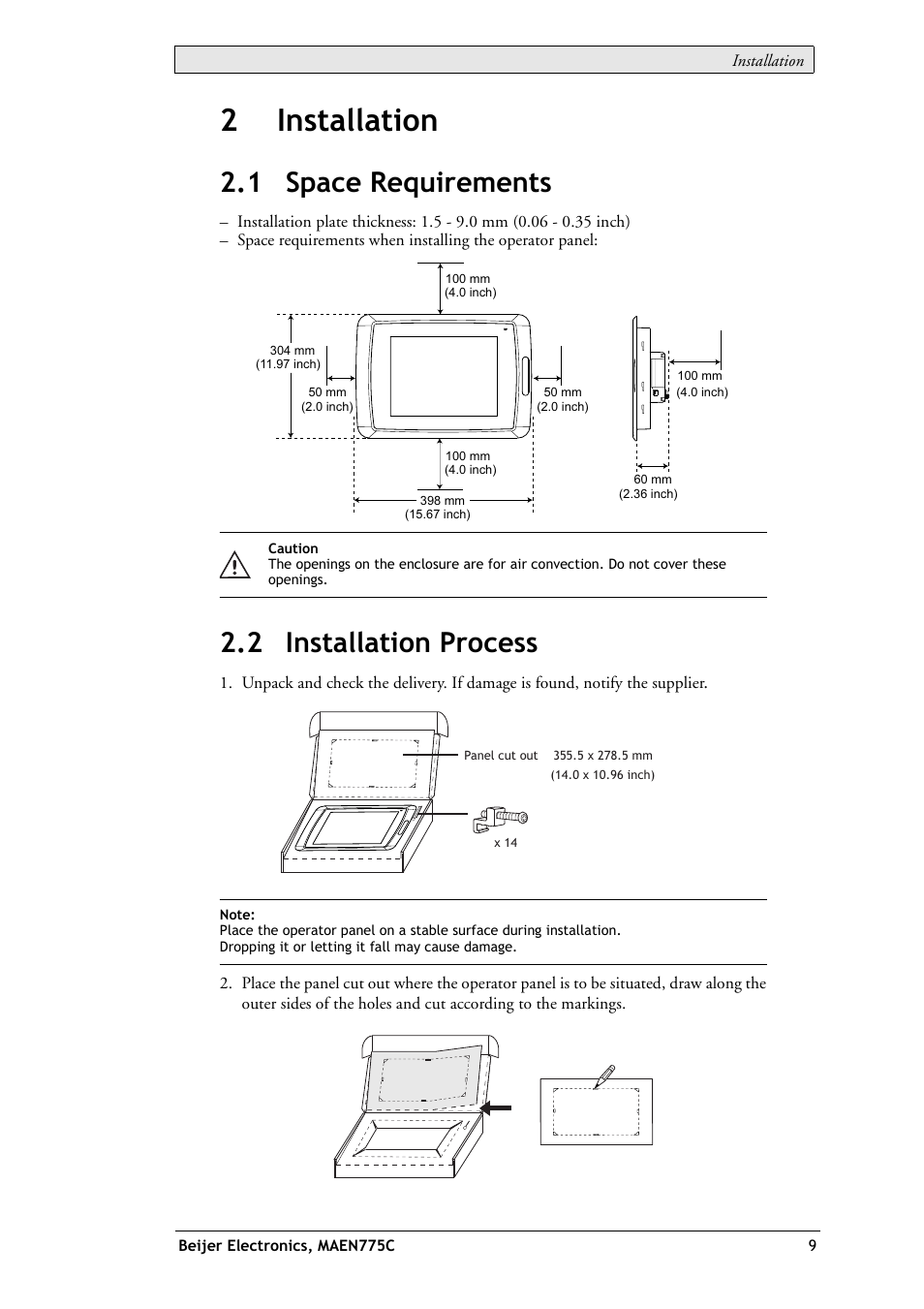 2 installation, 1 space requirements, 2 installation process | 1 space requirements 2.2 installation process, 2installation | Beijer Electronics EXTER T150 EN User Manual | Page 9 / 26