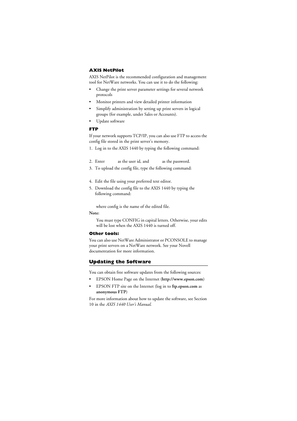 Axis netpilot, Other tools, Updating the software | Axis Communications AXIS 1440 User Manual | Page 10 / 11