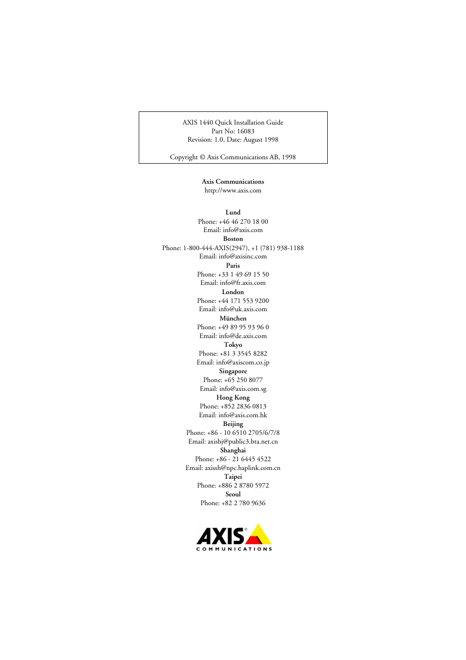Axis communications contacts | Axis Communications AXIS 1440 User Manual | Page 11 / 11