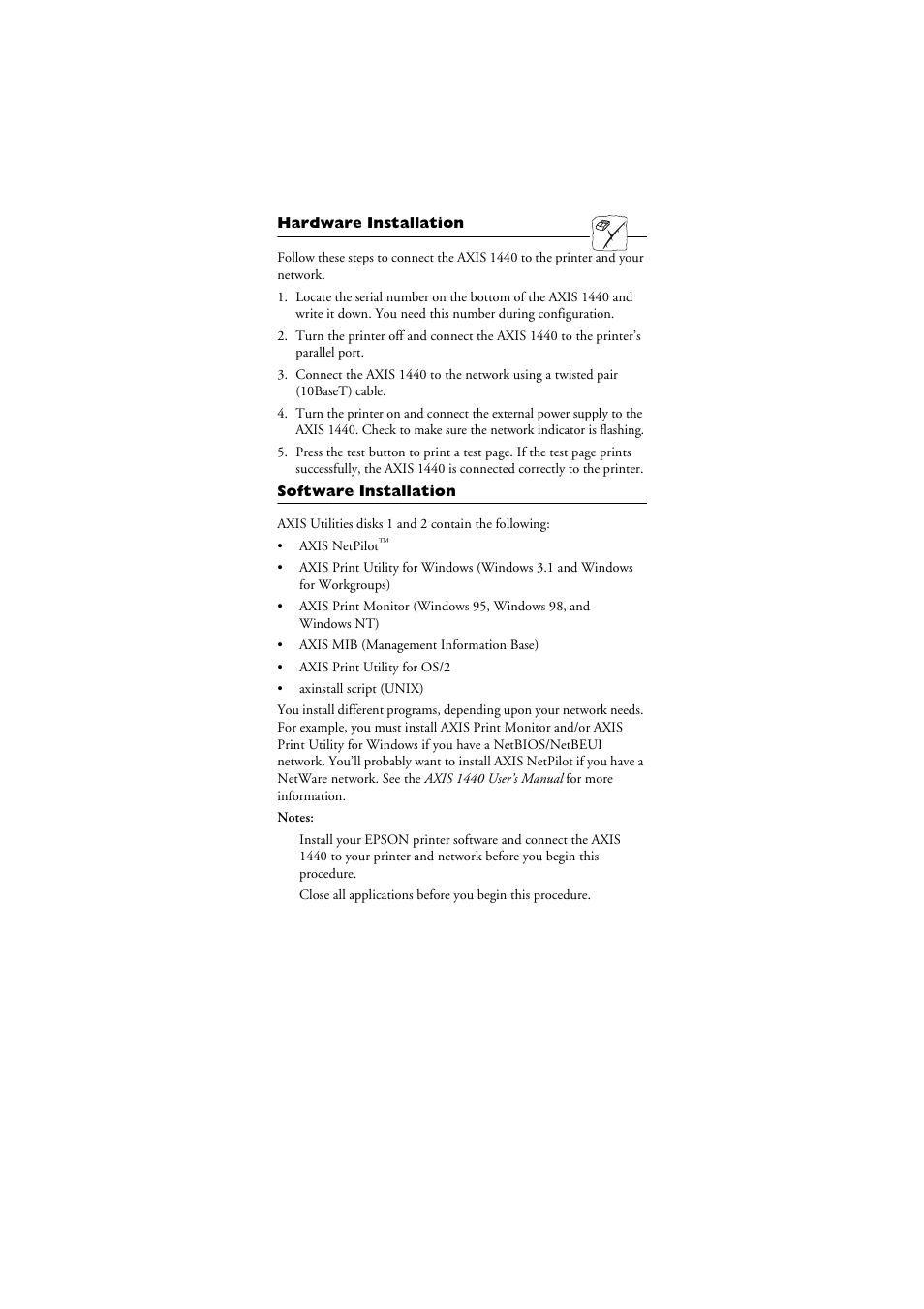 Hardware installation, Software | Axis Communications AXIS 1440 User Manual | Page 4 / 11