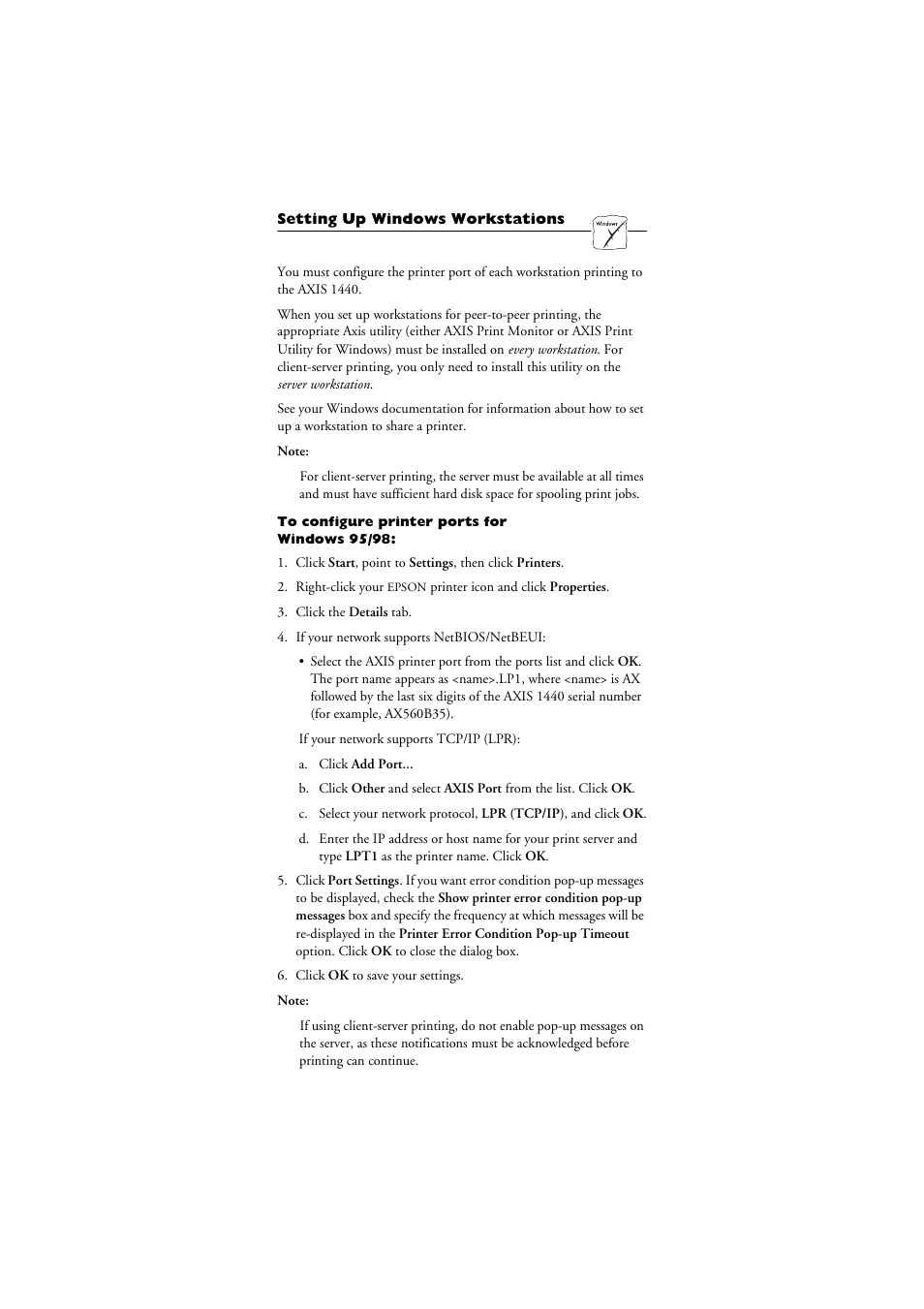 Setting up windows workstations, To configure printer ports for windows 95/98 | Axis Communications AXIS 1440 User Manual | Page 7 / 11