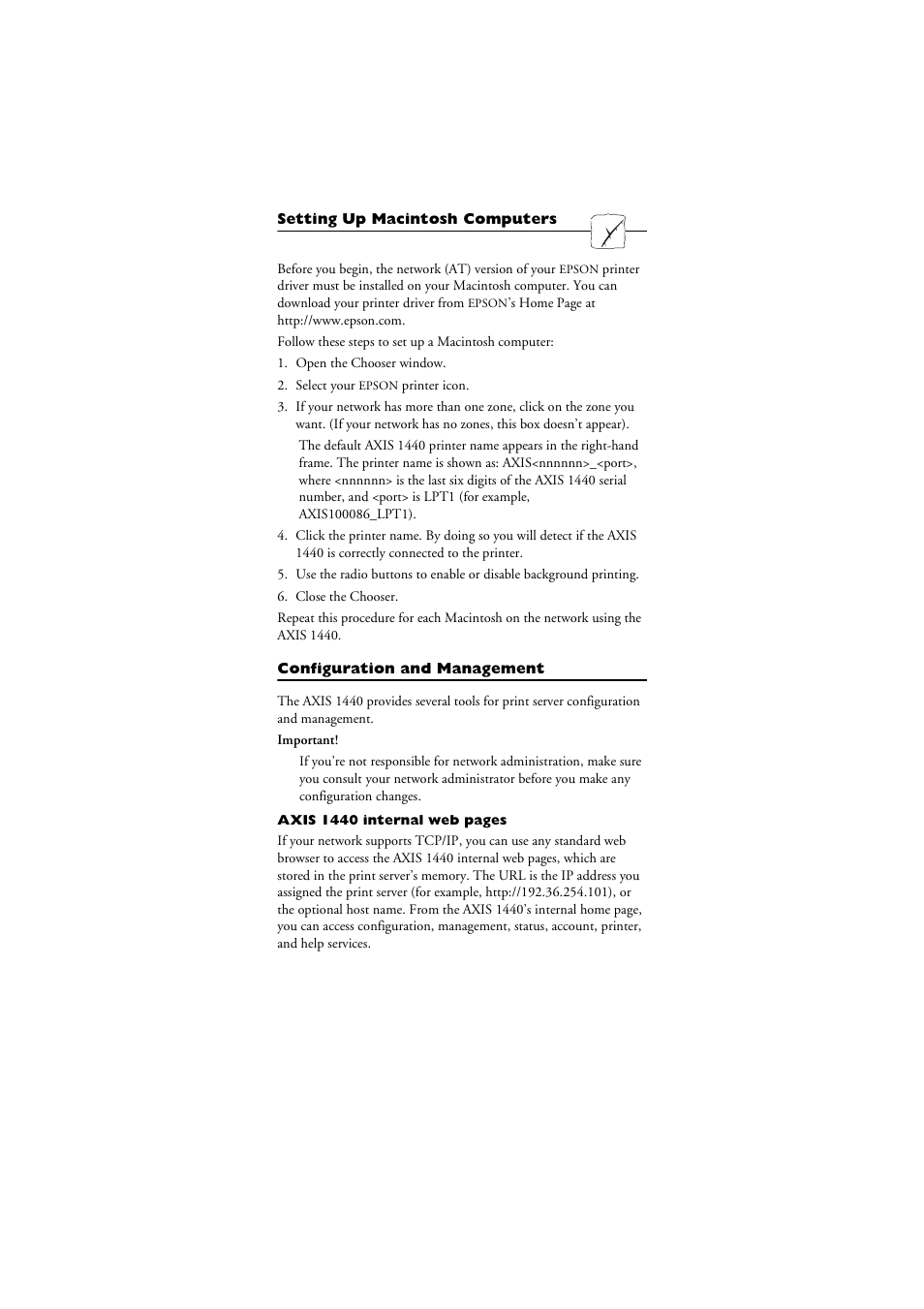 Setting up macintosh computers, Configuration and management | Axis Communications AXIS 1440 User Manual | Page 9 / 11