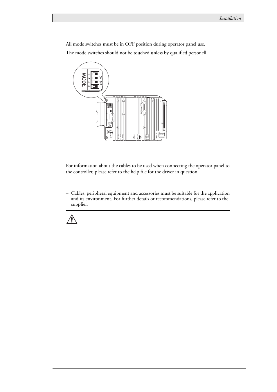 1 mode switches, 2 connections to the controller, 3 other connections and peripherals | Mode, Installation, Beijer electronics, maen967 9 | Beijer Electronics EXTER T150-st EN User Manual | Page 9 / 24