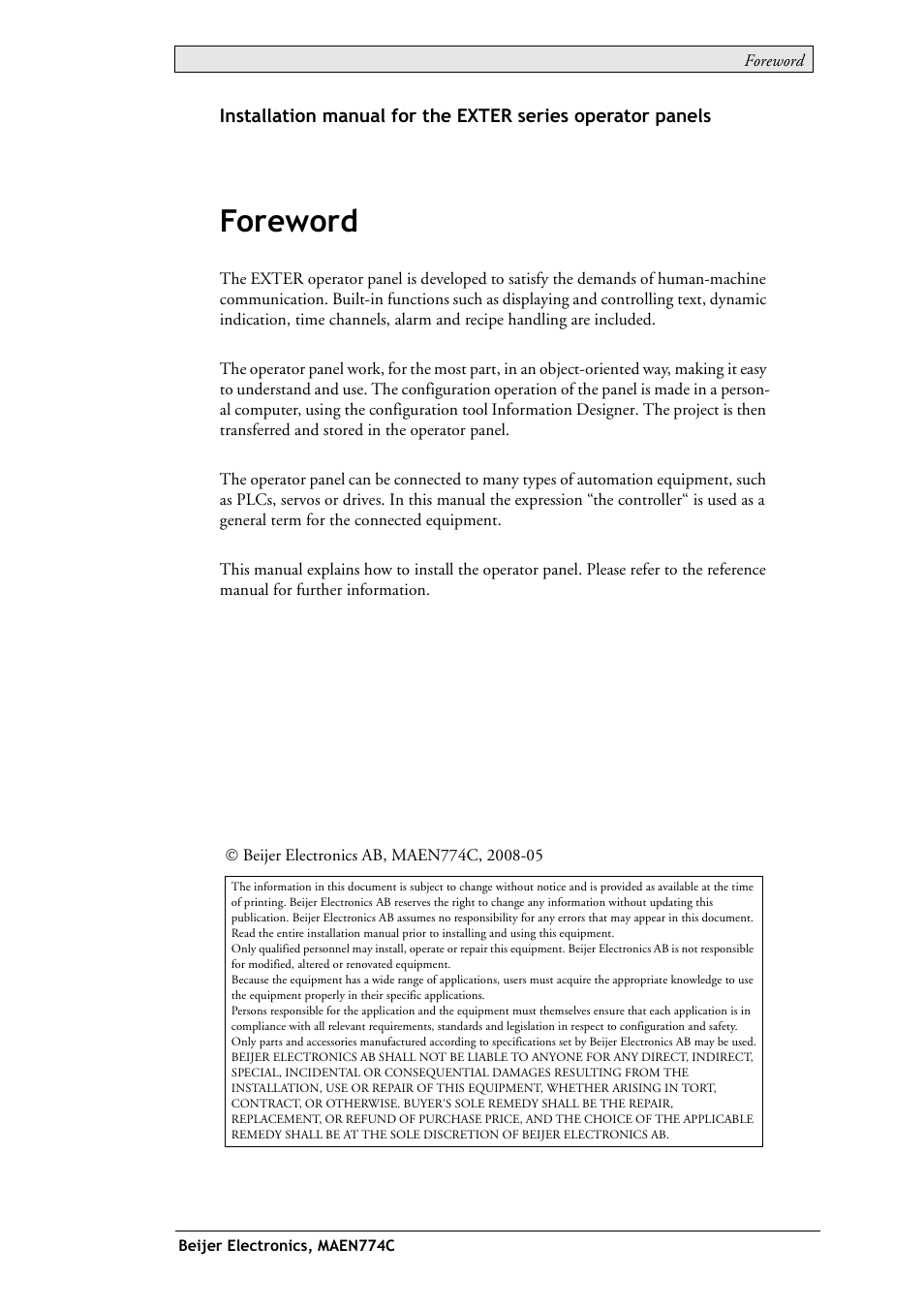 Foreword | Beijer Electronics EXTER T100 EN User Manual | Page 2 / 26