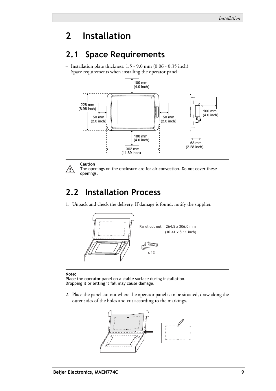 2 installation, 1 space requirements, 2 installation process | 1 space requirements 2.2 installation process, 2installation | Beijer Electronics EXTER T100 EN User Manual | Page 9 / 26