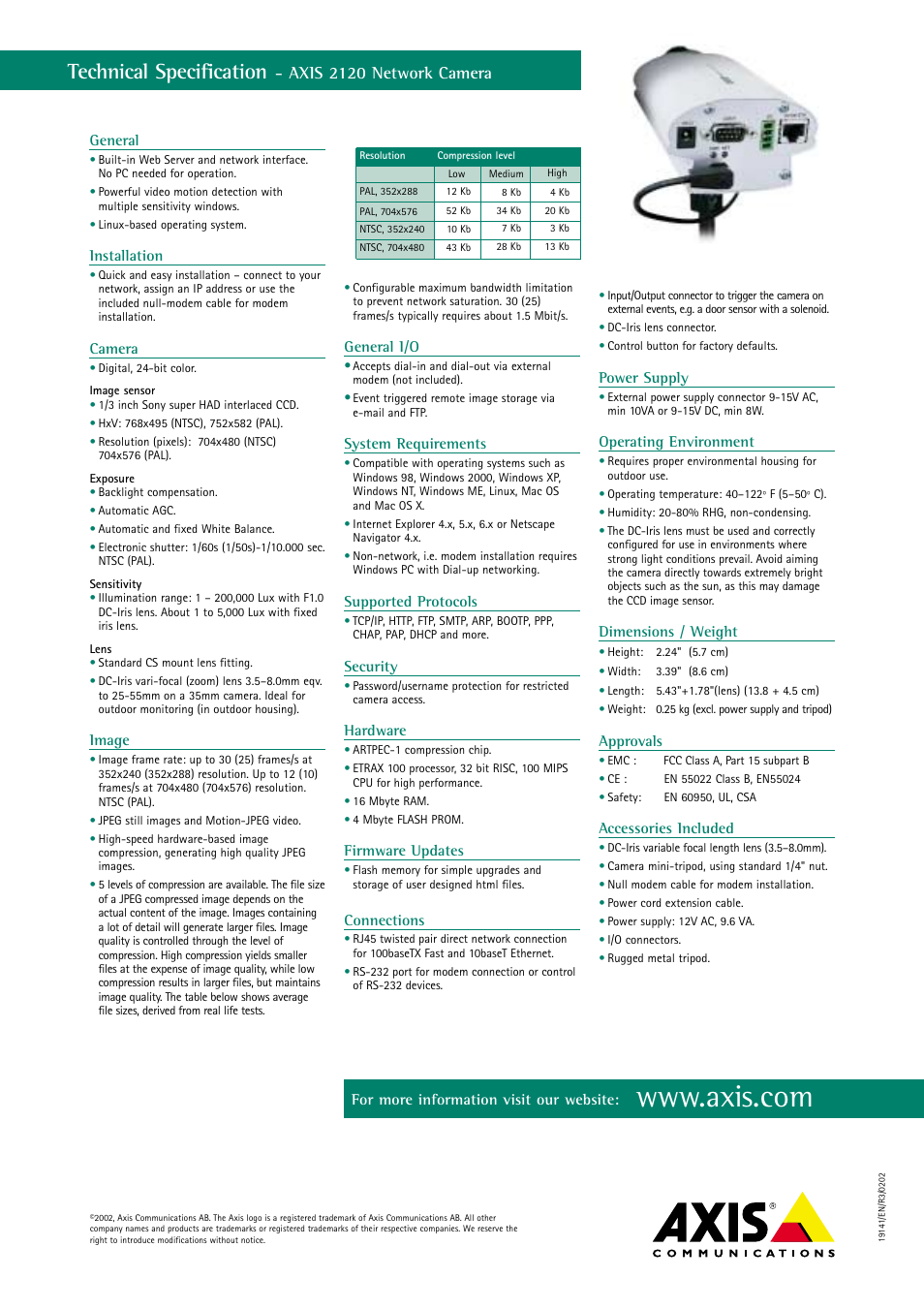 Technical specification, Axis 2120 network camera, General | Installation, Camera, Image, General i/o, System requirements, Supported protocols, Security | Axis Communications 2120 User Manual | Page 2 / 2