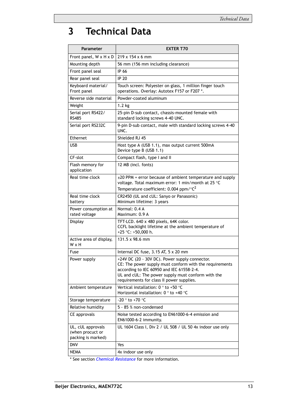 3 technical data, 3technical data | Beijer Electronics EXTER T70 EN User Manual | Page 13 / 26