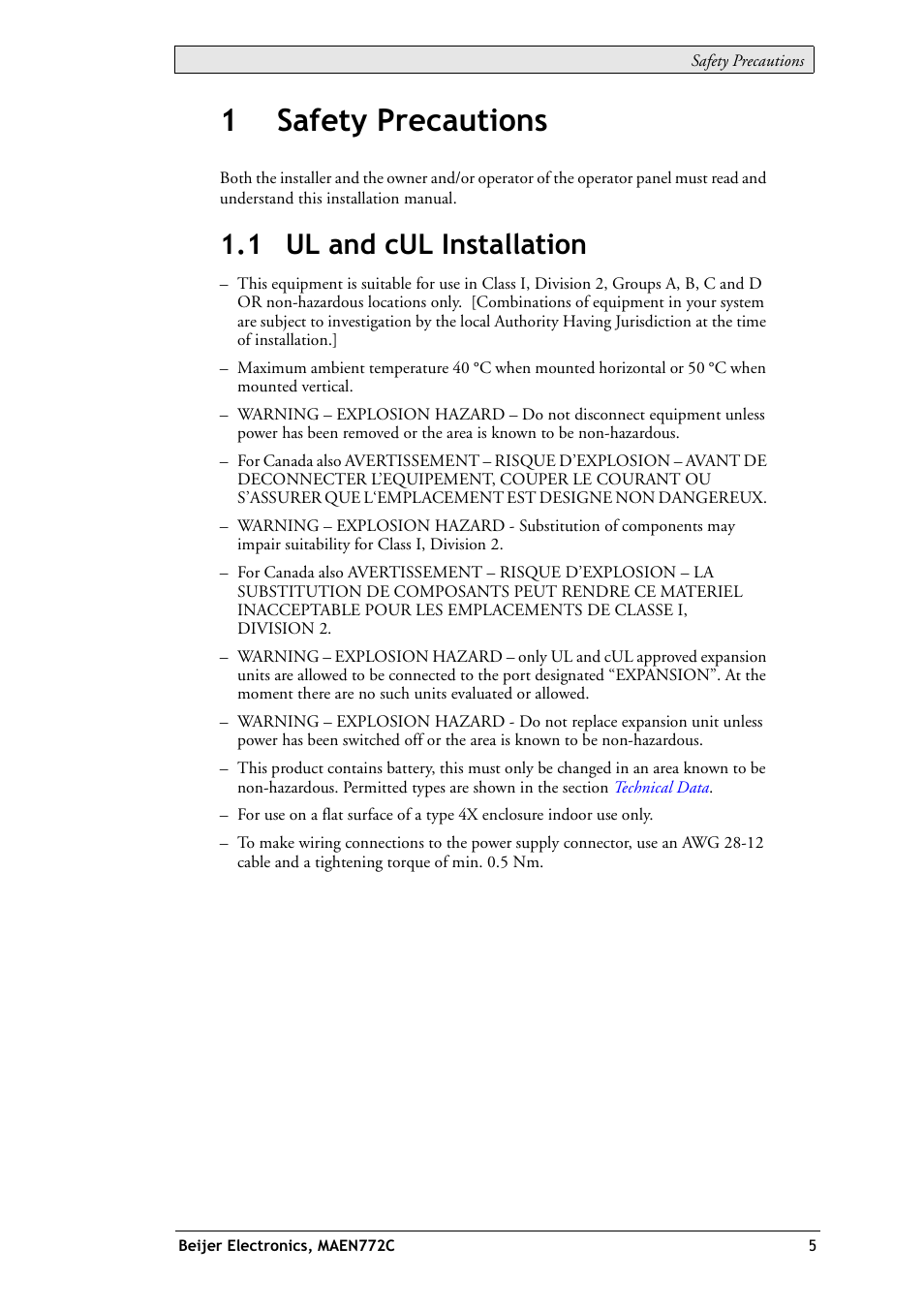 1 safety precautions, 1 ul and cul installation, 1safety precautions | Beijer Electronics EXTER T70 EN User Manual | Page 5 / 26