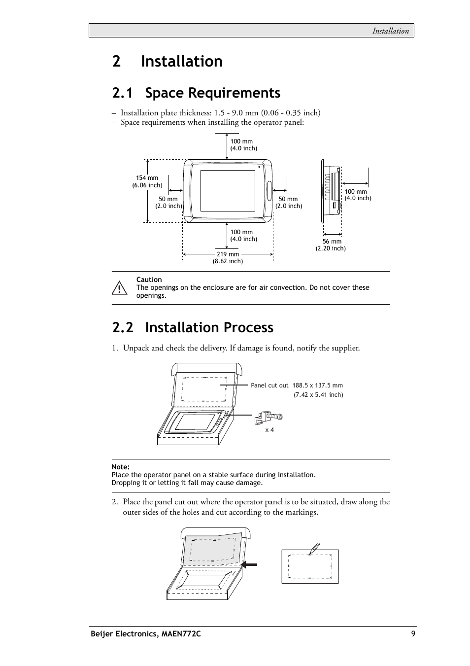 2 installation, 1 space requirements, 2 installation process | 1 space requirements 2.2 installation process, 2installation | Beijer Electronics EXTER T70 EN User Manual | Page 9 / 26