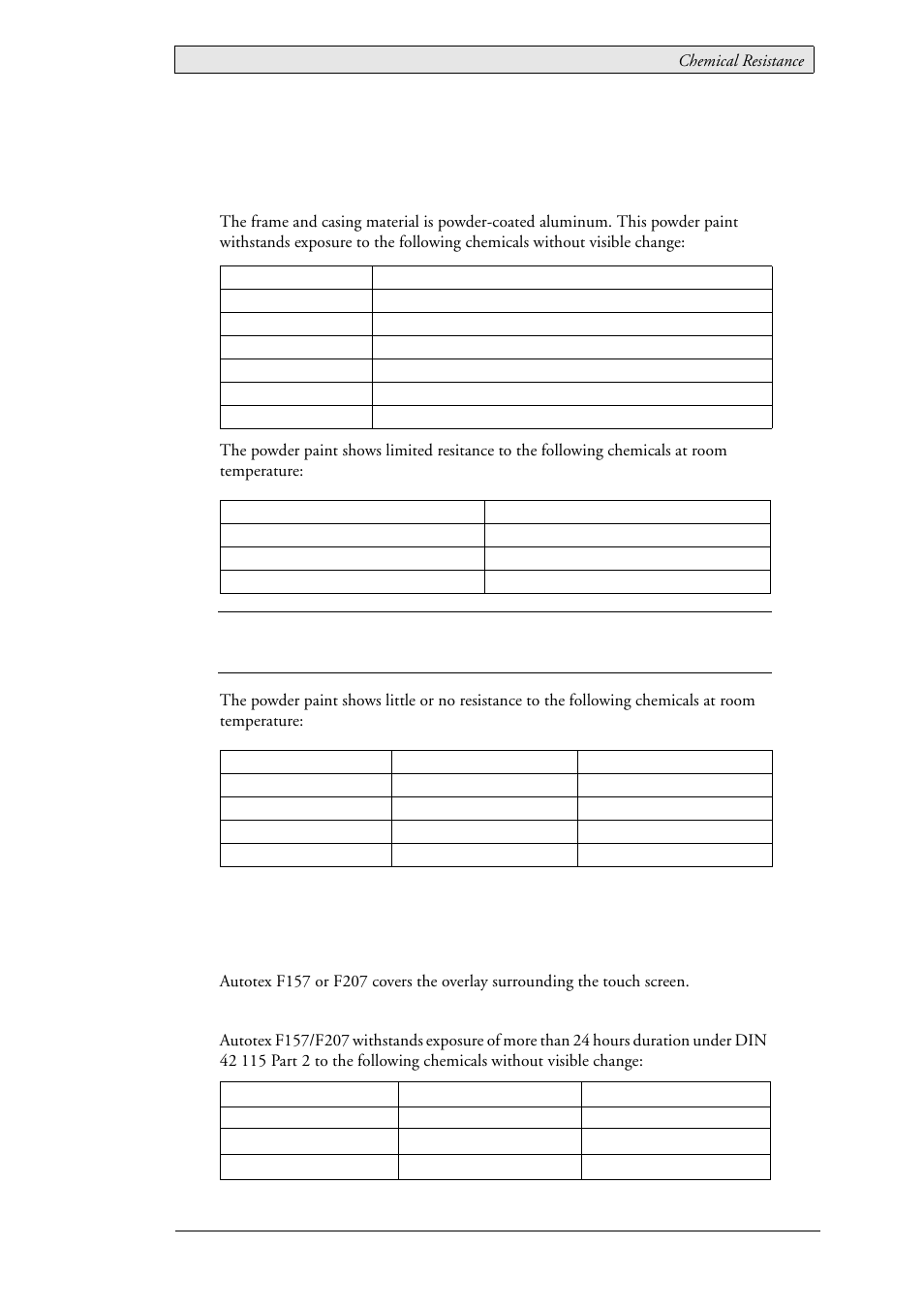 4 chemical resistance, 1 metal casing, 2 touch screen and overlay | 1 metal casing 4.2 touch screen and overlay, 1 autotex f157/f207, 4chemical resistance, Solvent resistance | Beijer Electronics EXTER T60/T60c/T60m EN User Manual | Page 15 / 26