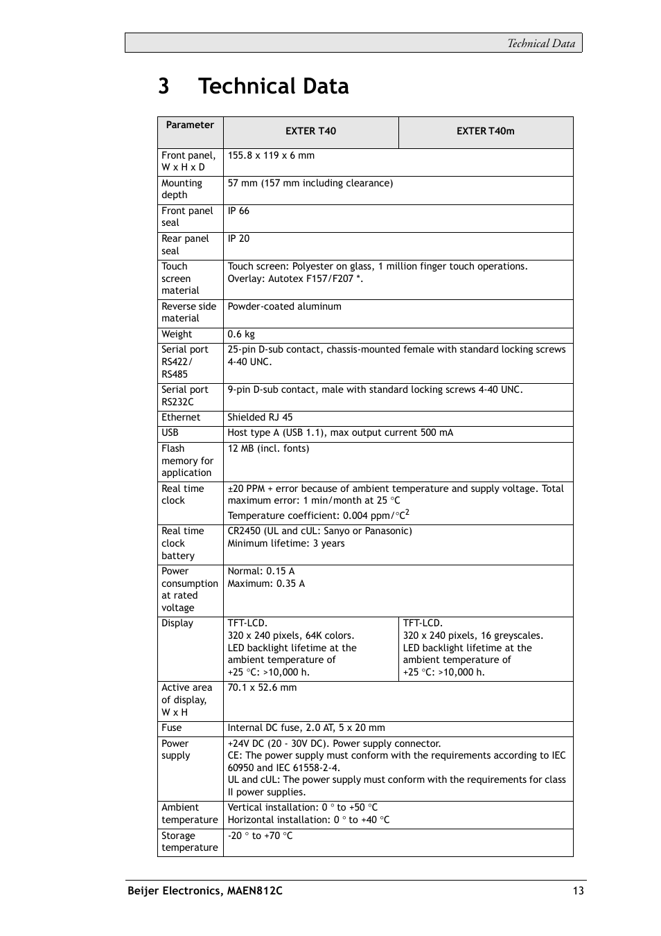 3 technical data, 3technical data | Beijer Electronics EXTER T40/T40m EN User Manual | Page 13 / 27