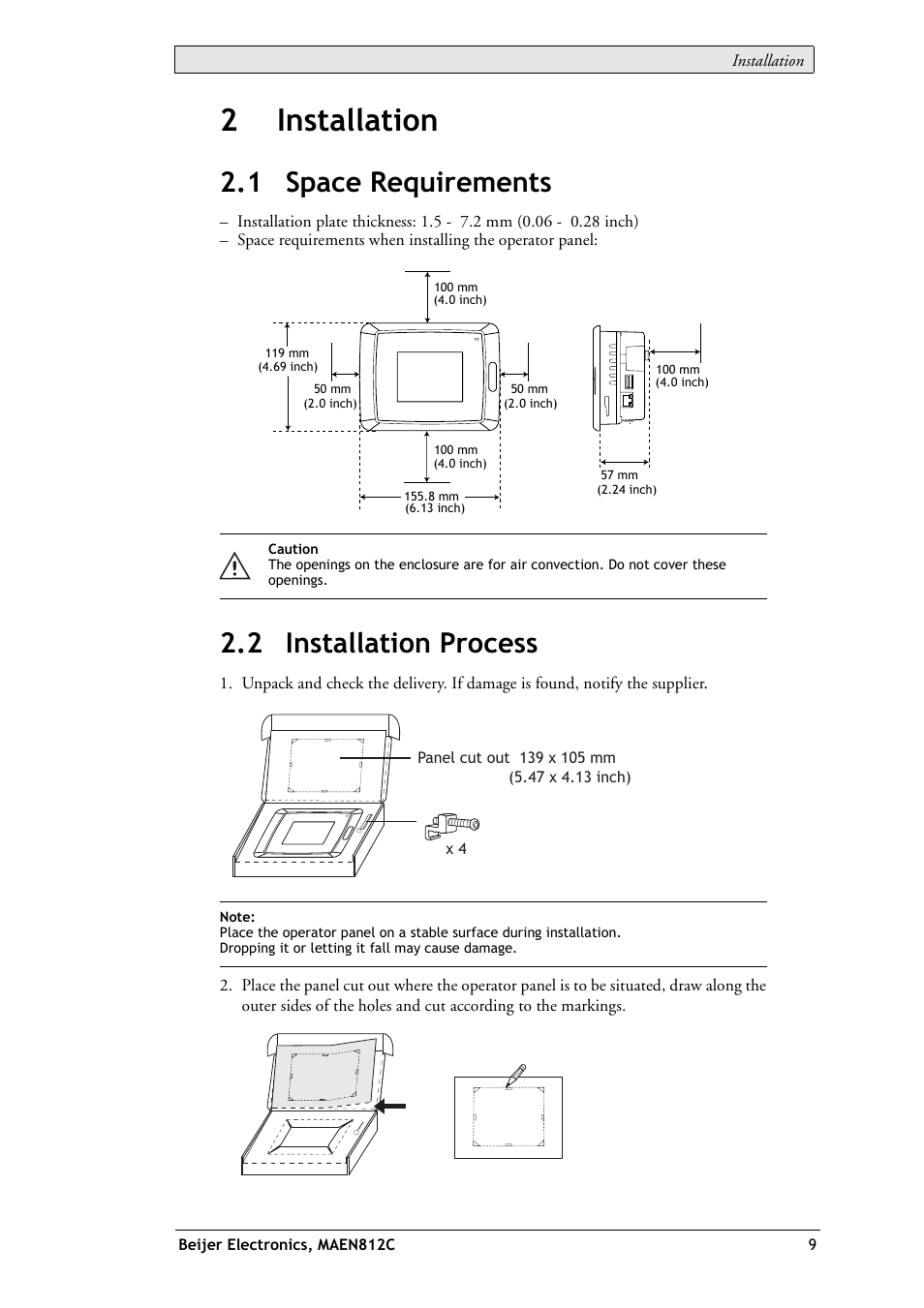 2 installation, 1 space requirements, 2 installation process | 1 space requirements 2.2 installation process, 2installation | Beijer Electronics EXTER T40/T40m EN User Manual | Page 9 / 27