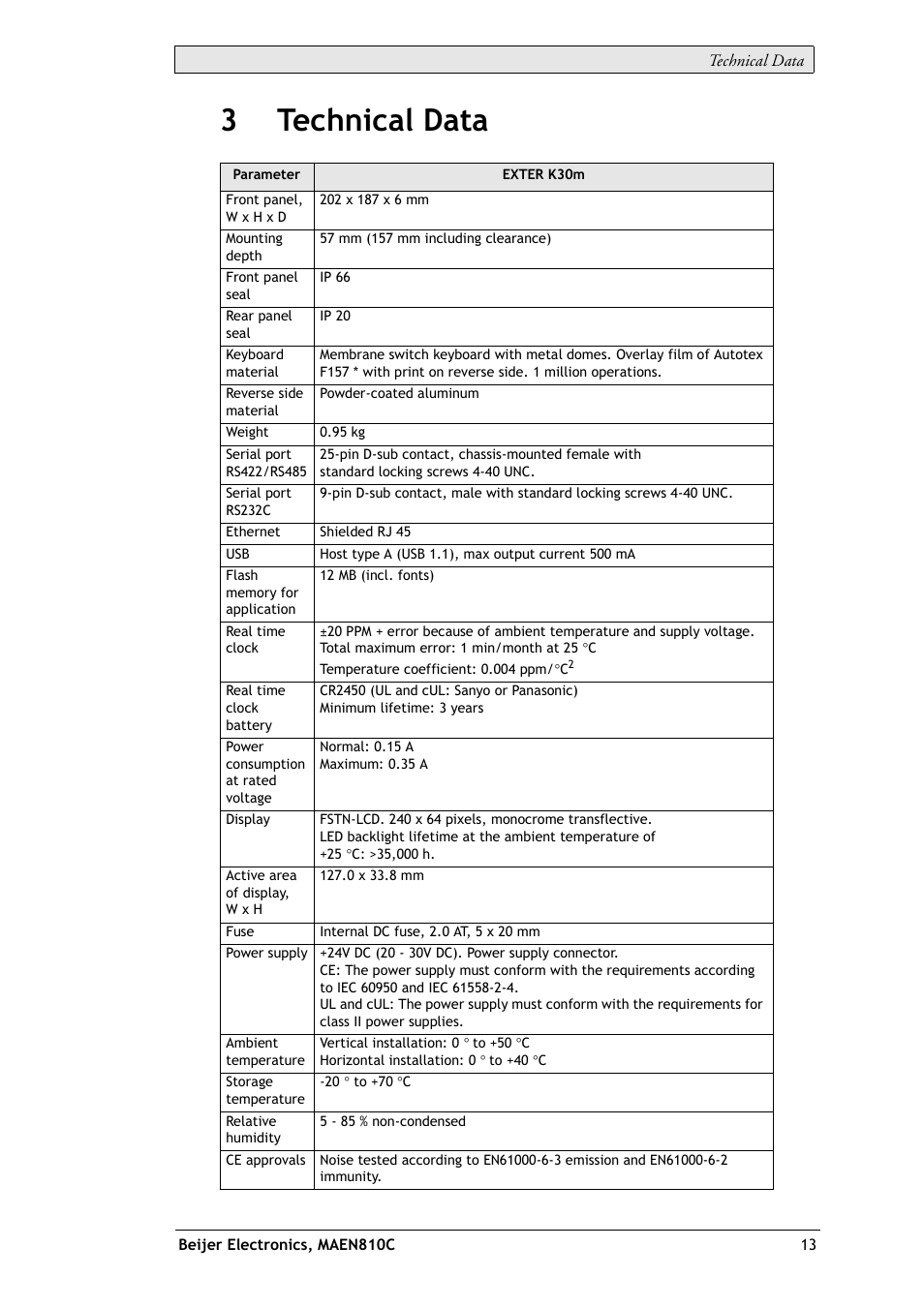 3 technical data, 3technical data | Beijer Electronics EXTER K30m EN User Manual | Page 13 / 28