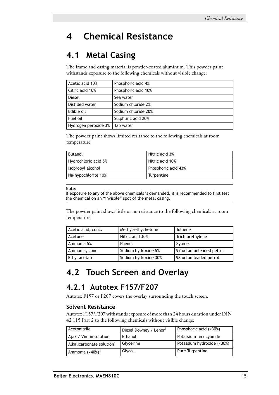 4 chemical resistance, 1 metal casing, 2 touch screen and overlay | 1 metal casing 4.2 touch screen and overlay, 1 autotex f157/f207, 4chemical resistance, Solvent resistance | Beijer Electronics EXTER K30m EN User Manual | Page 15 / 28