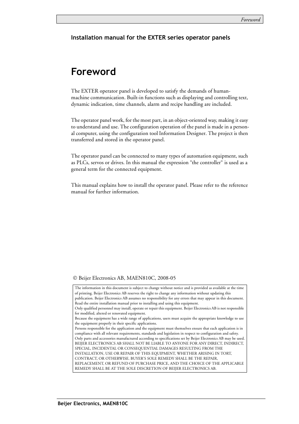 Foreword | Beijer Electronics EXTER K30m EN User Manual | Page 2 / 28