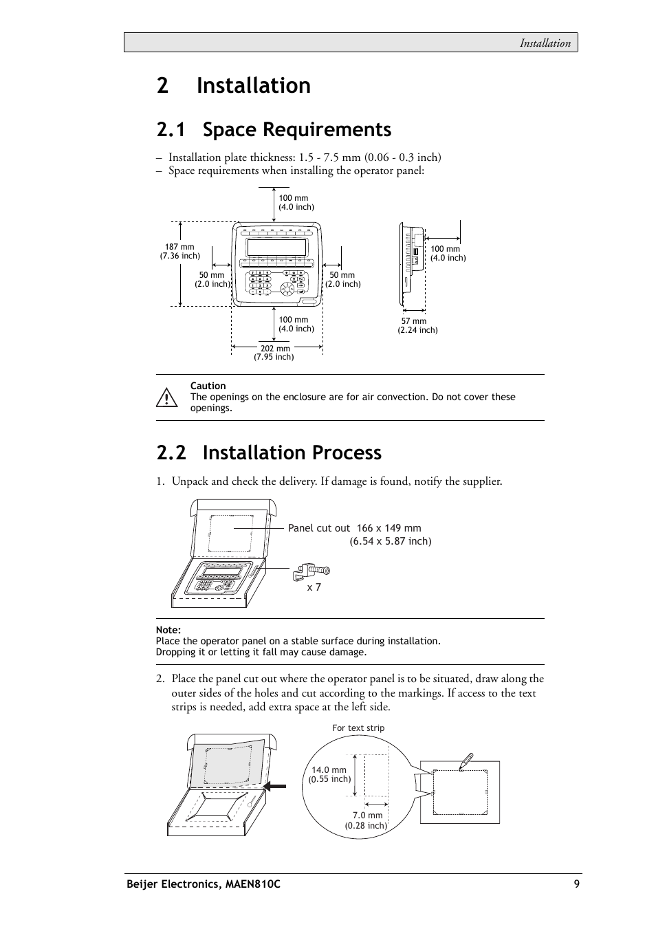 2 installation, 1 space requirements, 2 installation process | 1 space requirements 2.2 installation process, 2installation | Beijer Electronics EXTER K30m EN User Manual | Page 9 / 28
